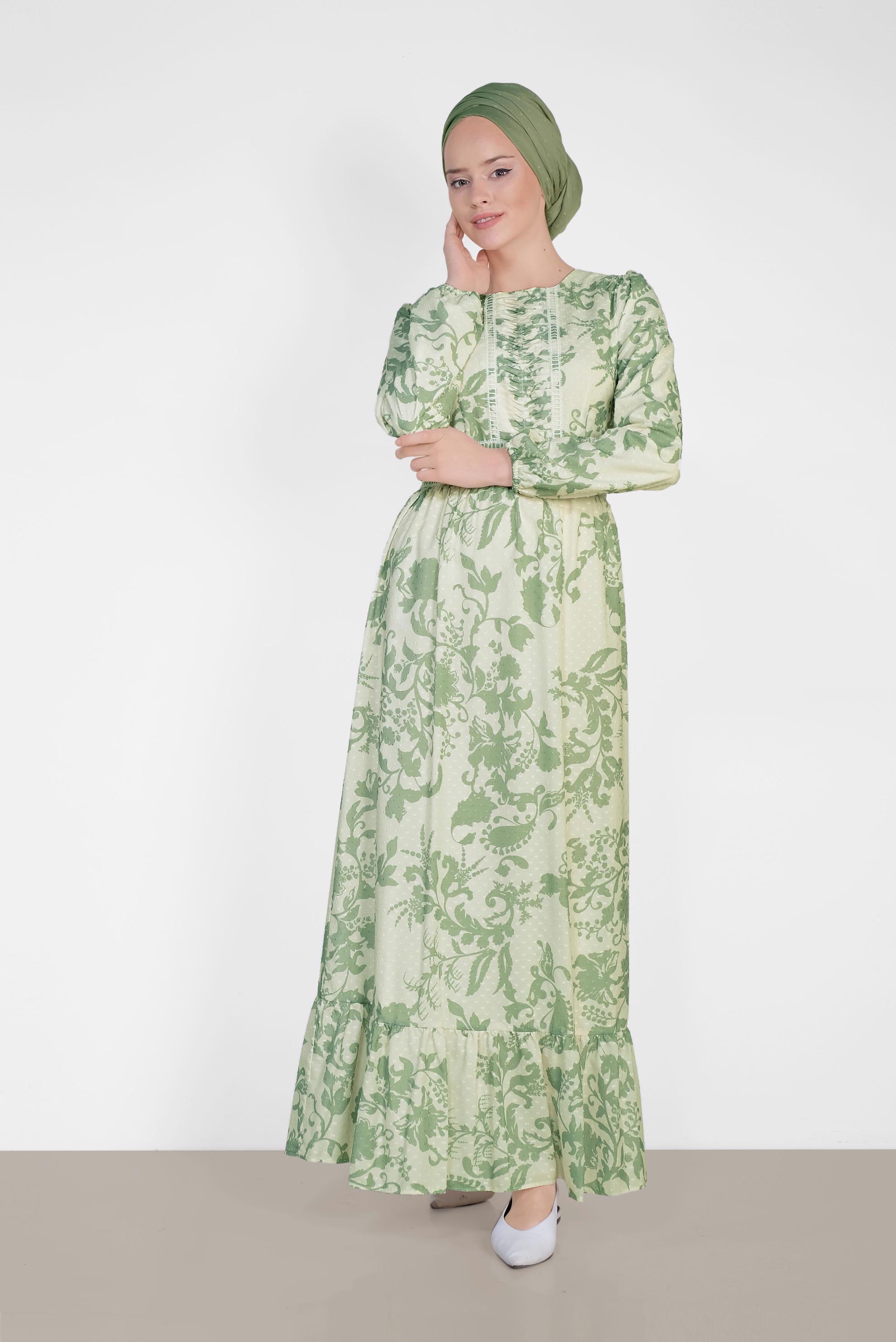 Tesettür giyim YEŞİL YUVARLAK YAKA DESENLİ ELBİSE 4931