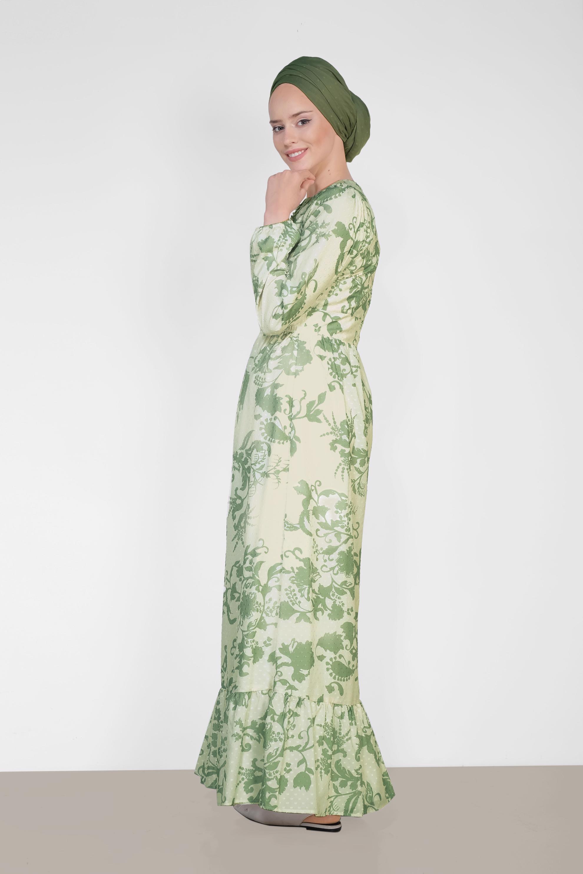 Tesettür giyim YEŞİL YUVARLAK YAKA DESENLİ ELBİSE 4931