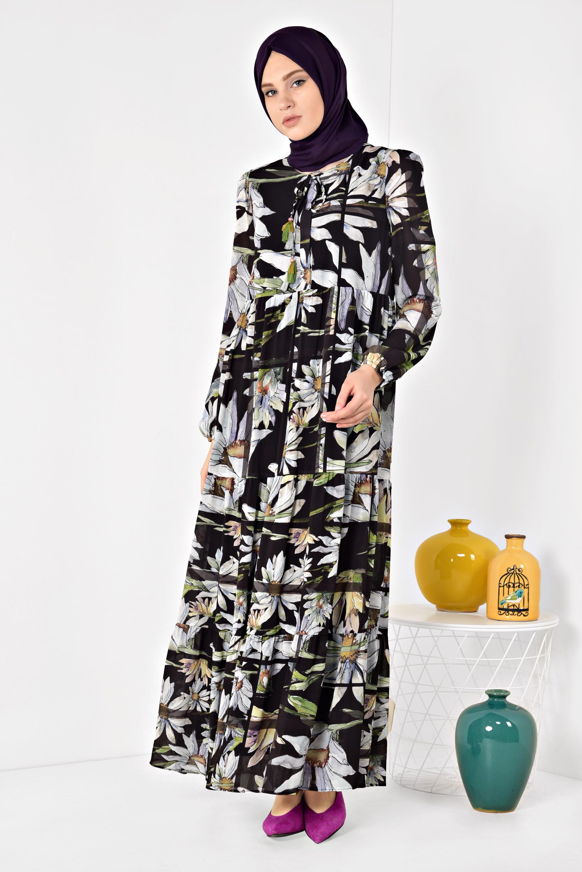 Tesettür giyim SİYAH ÇİÇEK DESENLİ SALAŞ ELBİSE 4932