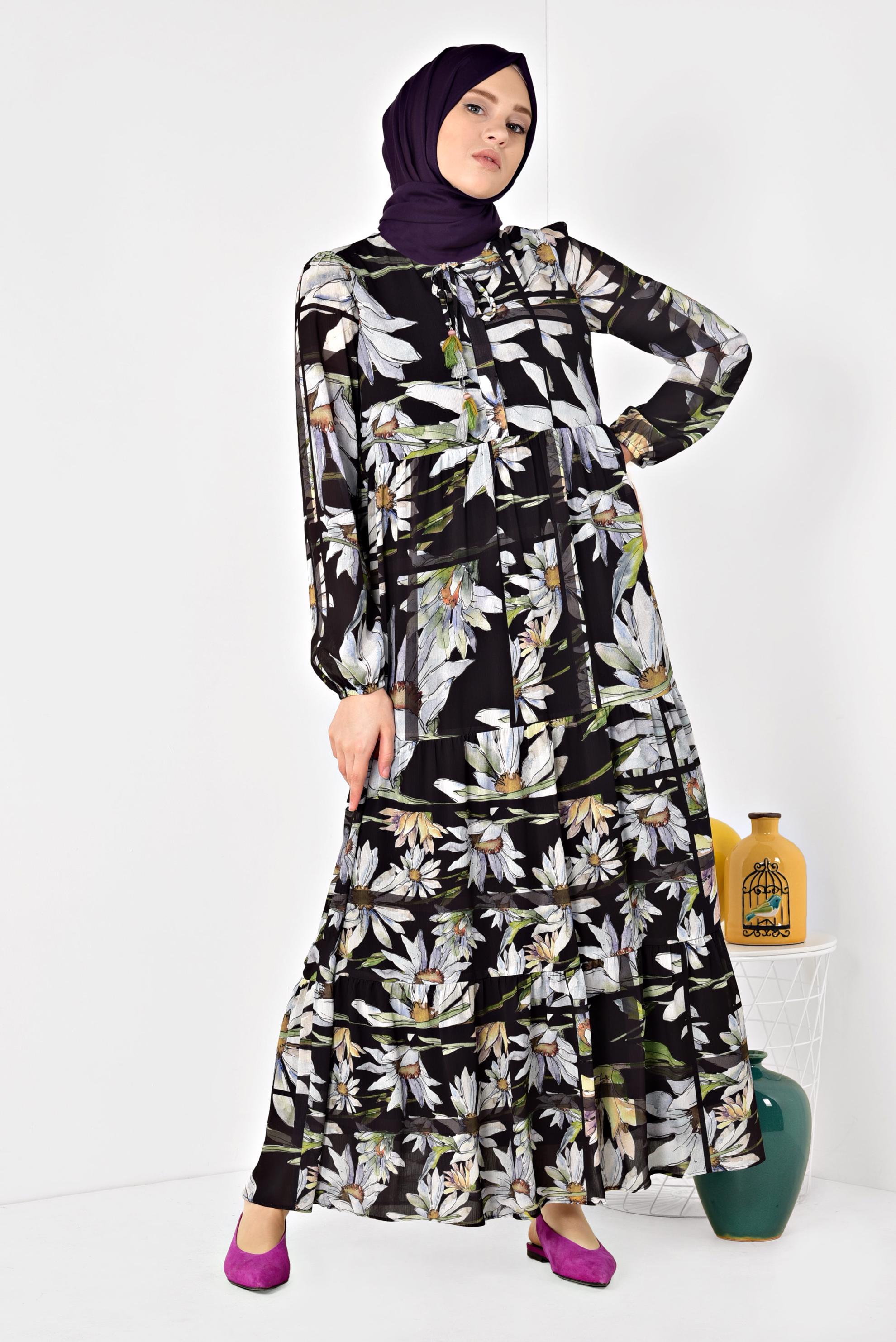 Tesettür giyim SİYAH ÇİÇEK DESENLİ SALAŞ ELBİSE 4932