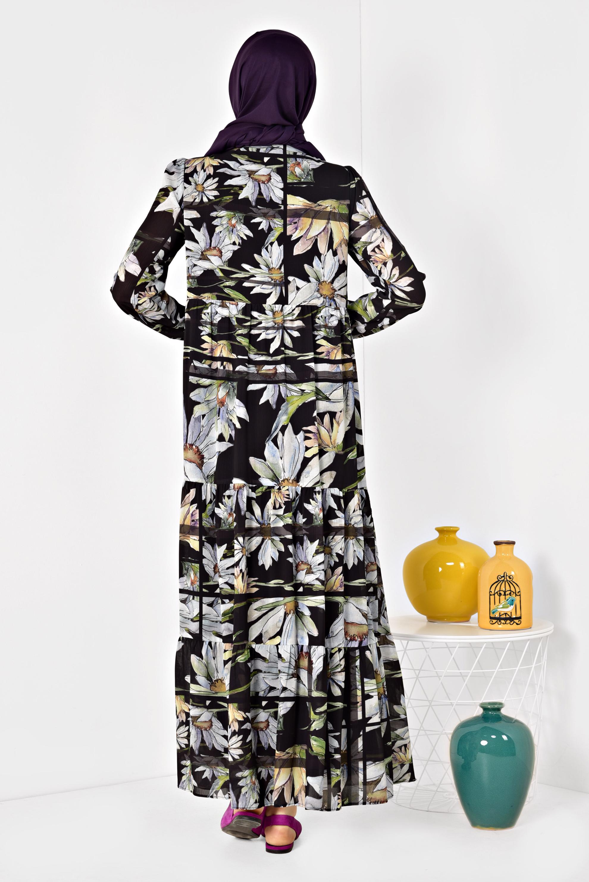 Tesettür giyim SİYAH ÇİÇEK DESENLİ SALAŞ ELBİSE 4932