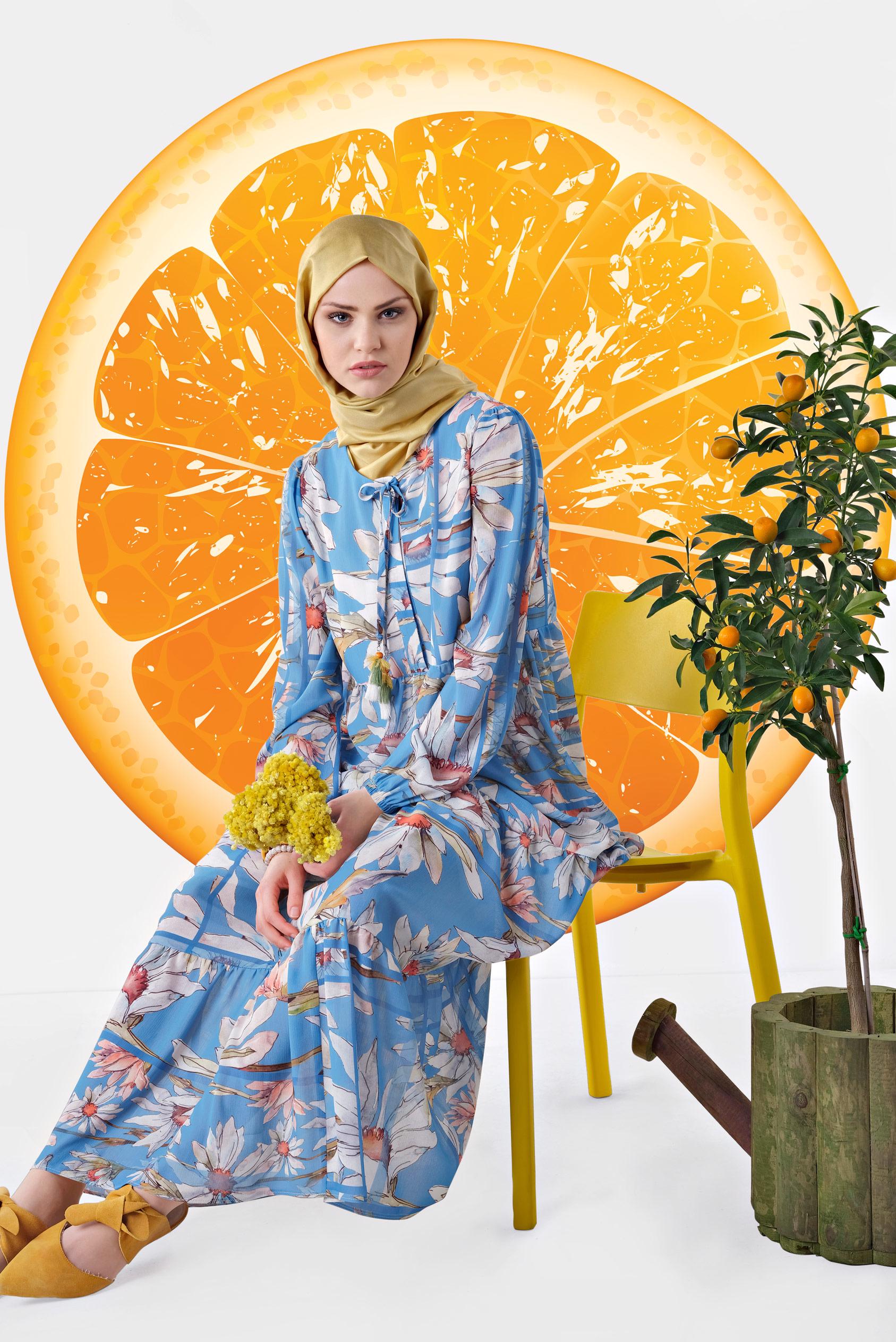 Tesettür giyim MAVİ ÇİÇEK DESENLİ SALAŞ ELBİSE 4932