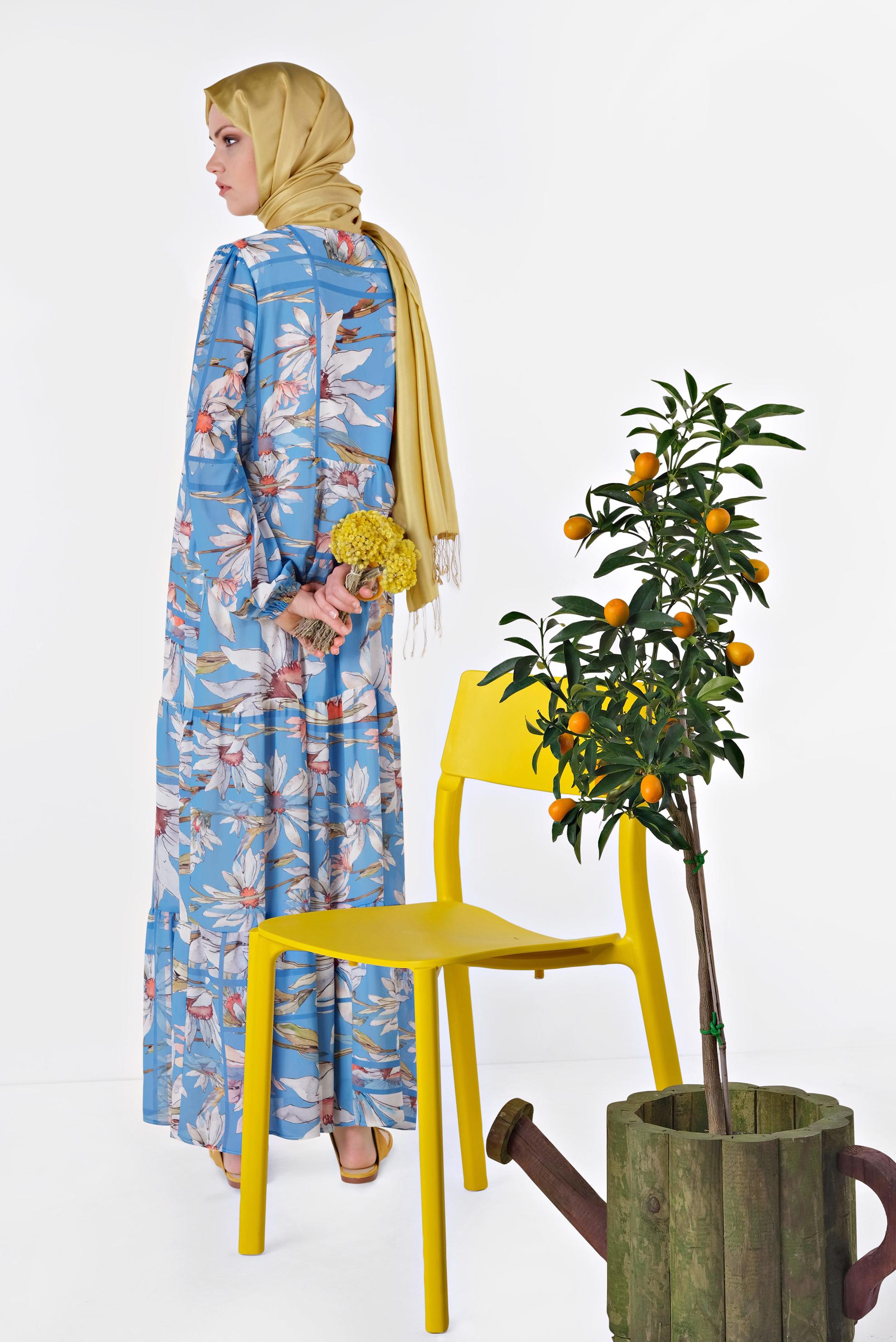 Tesettür giyim MAVİ ÇİÇEK DESENLİ SALAŞ ELBİSE 4932