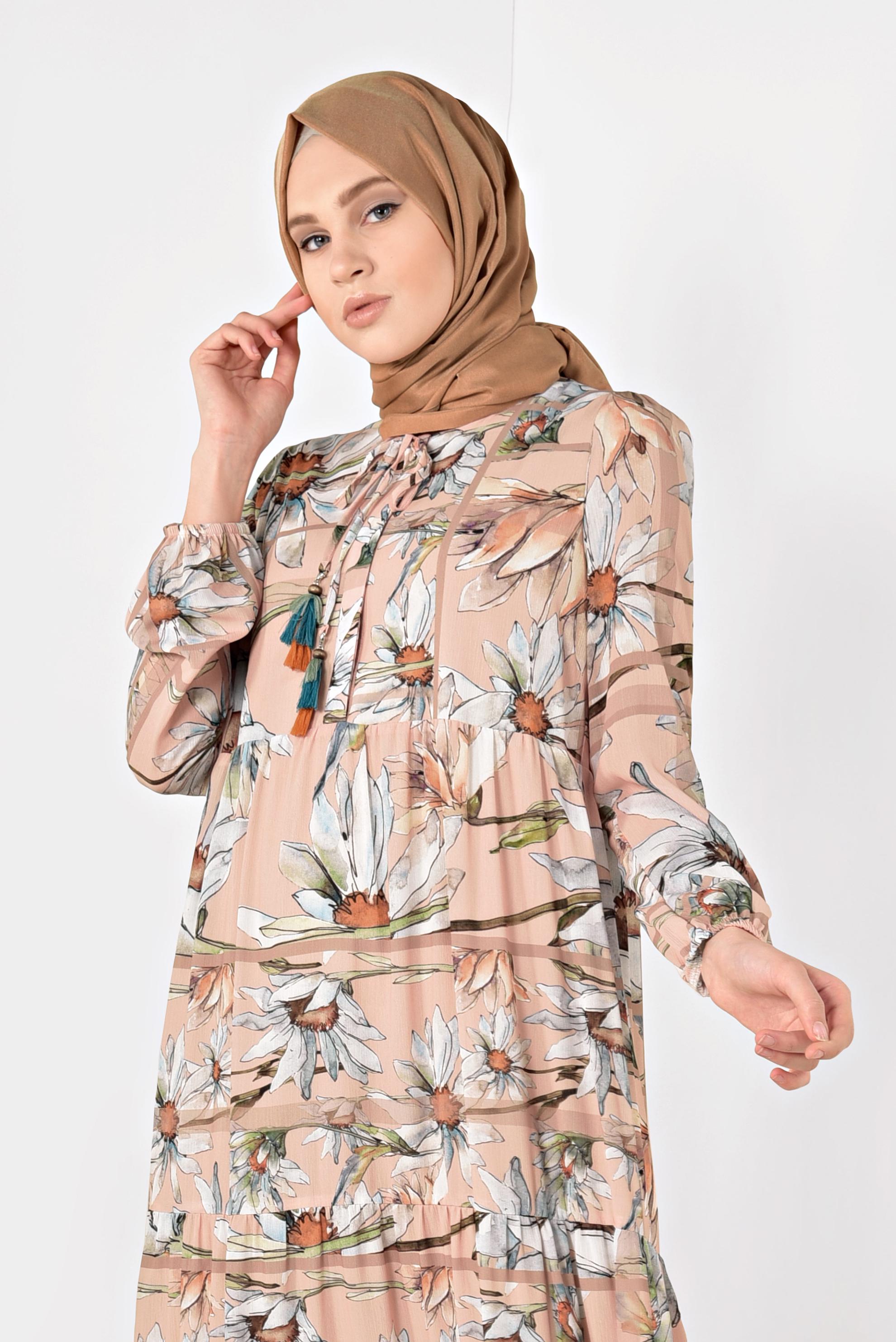 Tesettür giyim PUDRA ÇİÇEK DESENLİ SALAŞ ELBİSE 4932