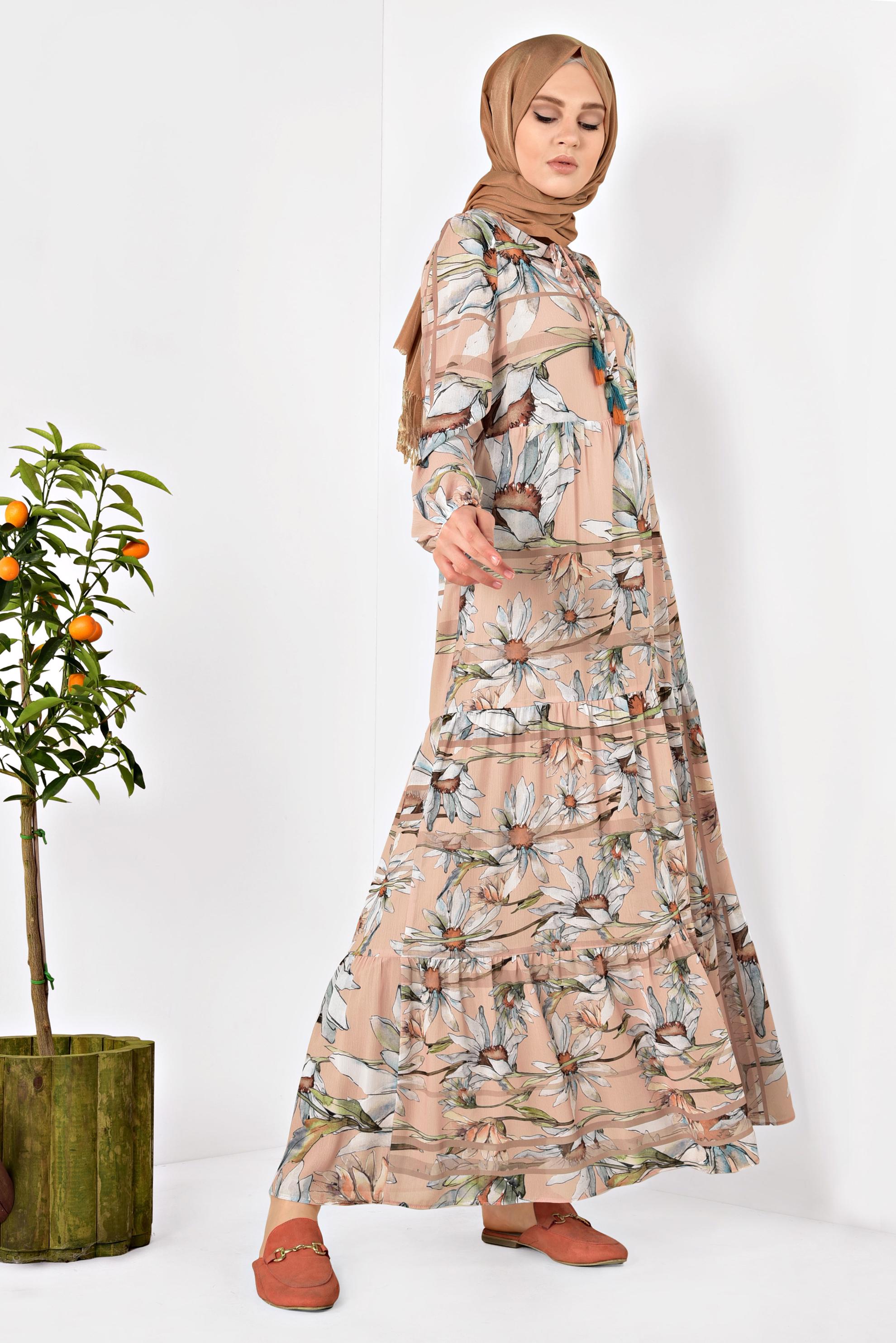 Tesettür giyim PUDRA ÇİÇEK DESENLİ SALAŞ ELBİSE 4932