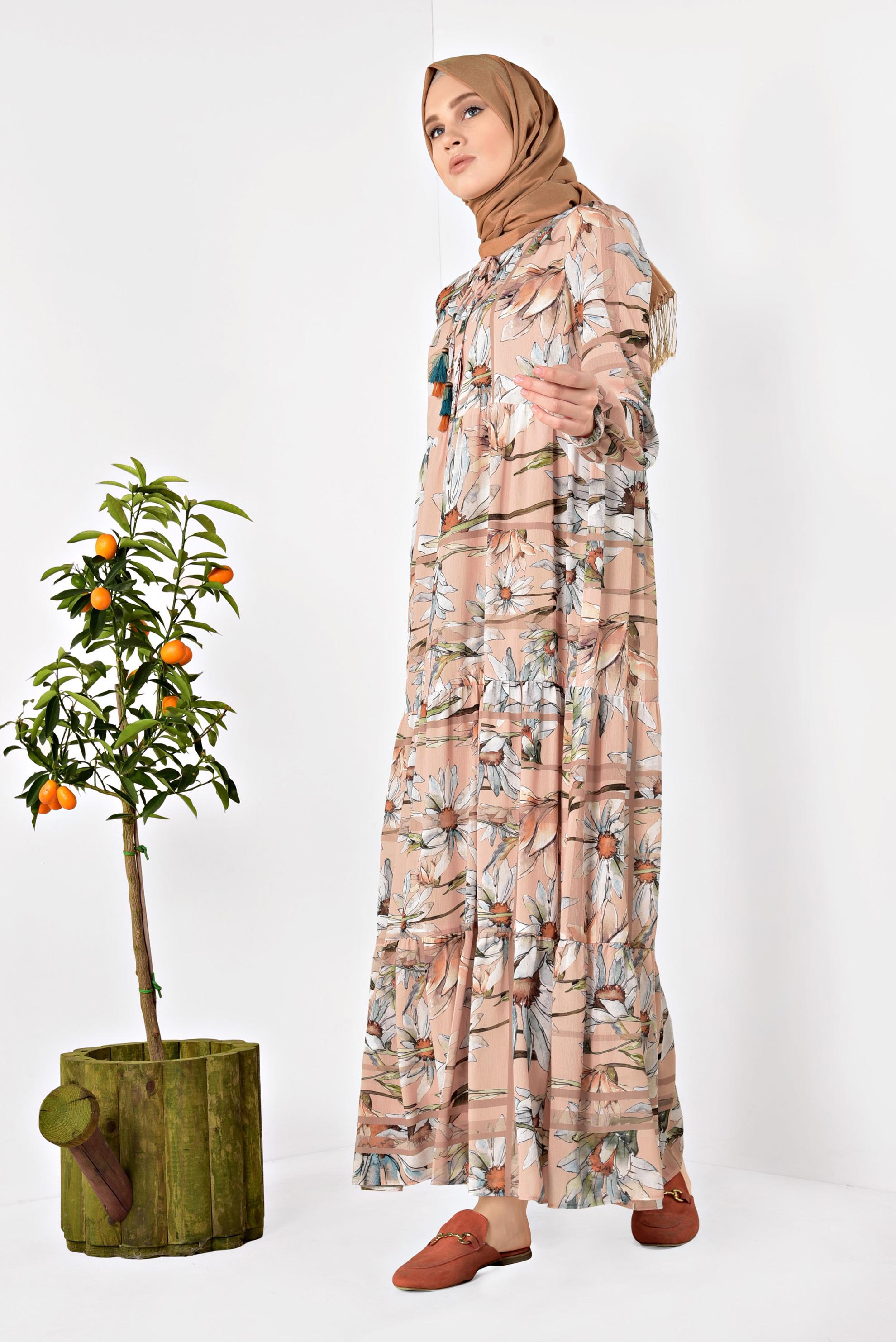 Tesettür giyim PUDRA ÇİÇEK DESENLİ SALAŞ ELBİSE 4932