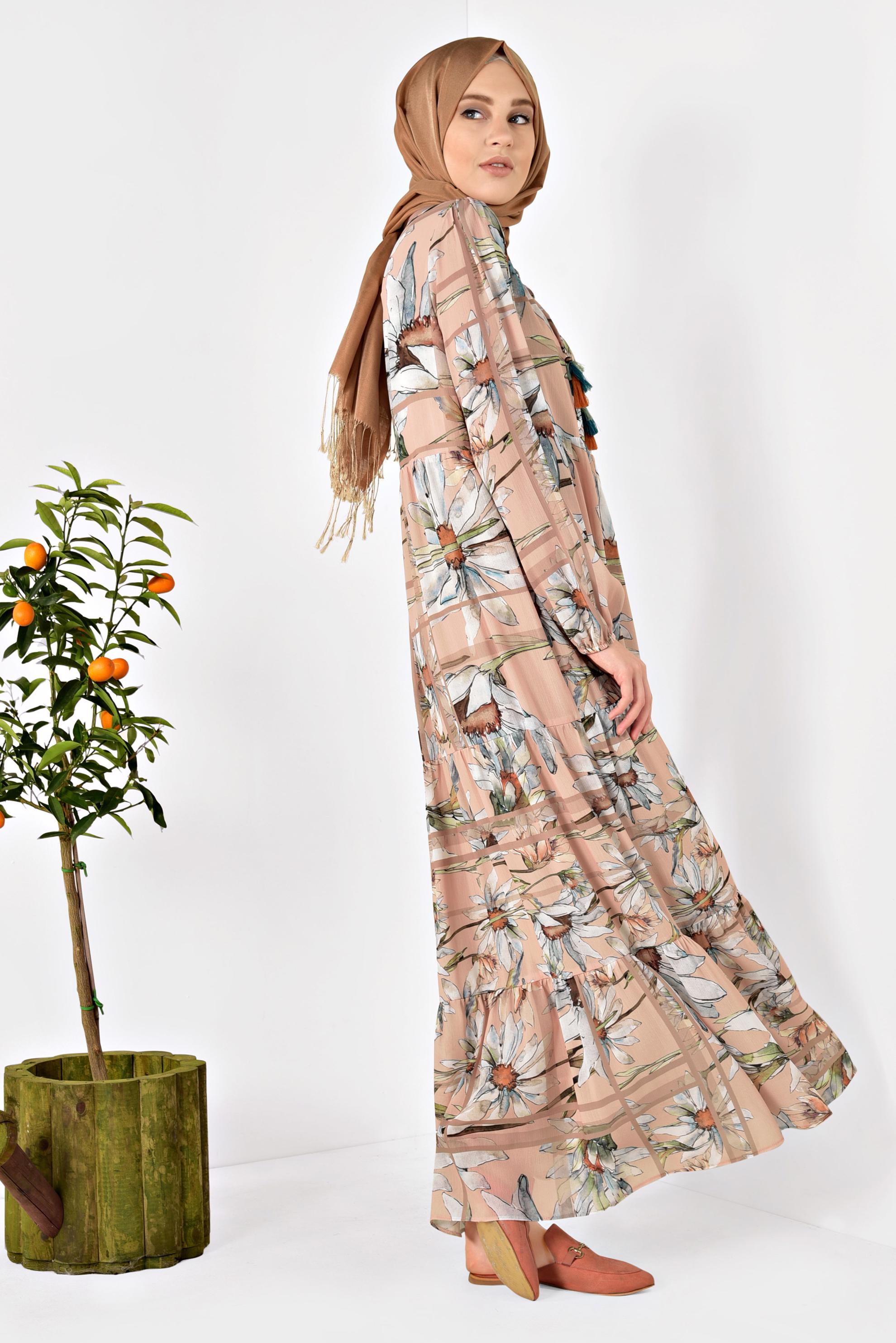 Tesettür giyim PUDRA ÇİÇEK DESENLİ SALAŞ ELBİSE 4932