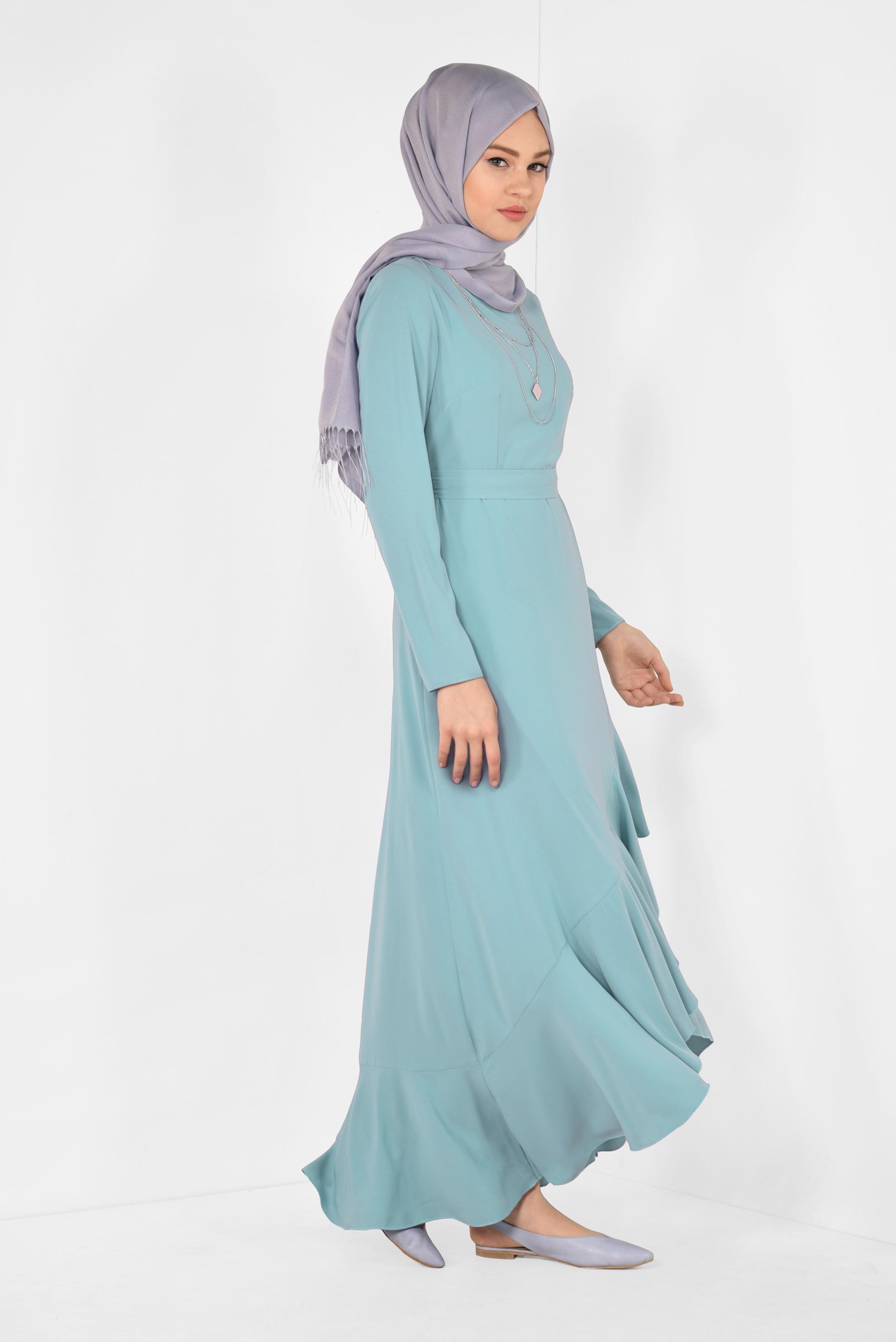 Tesettür giyim MAVİ ETEĞİ VOLANLI ELBİSE 4946