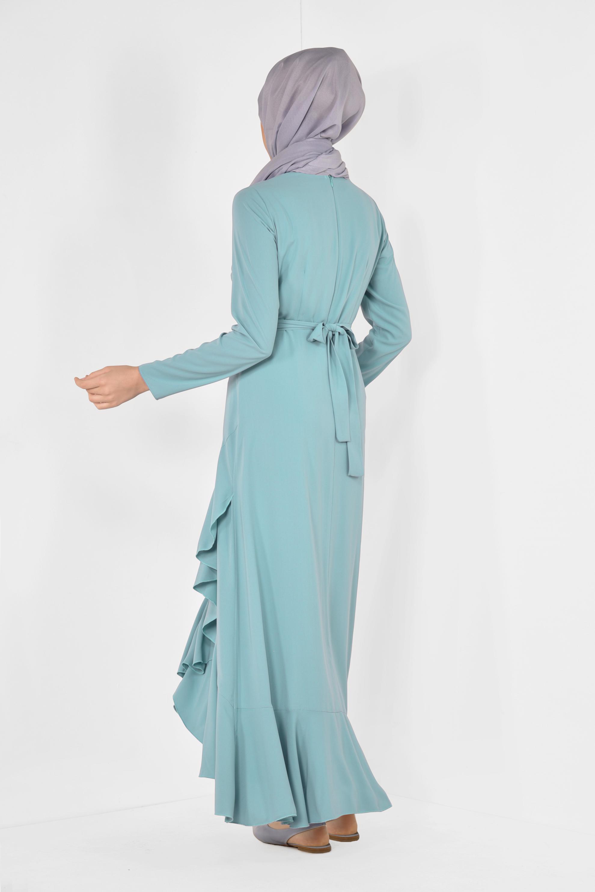 Tesettür giyim MAVİ ETEĞİ VOLANLI ELBİSE 4946