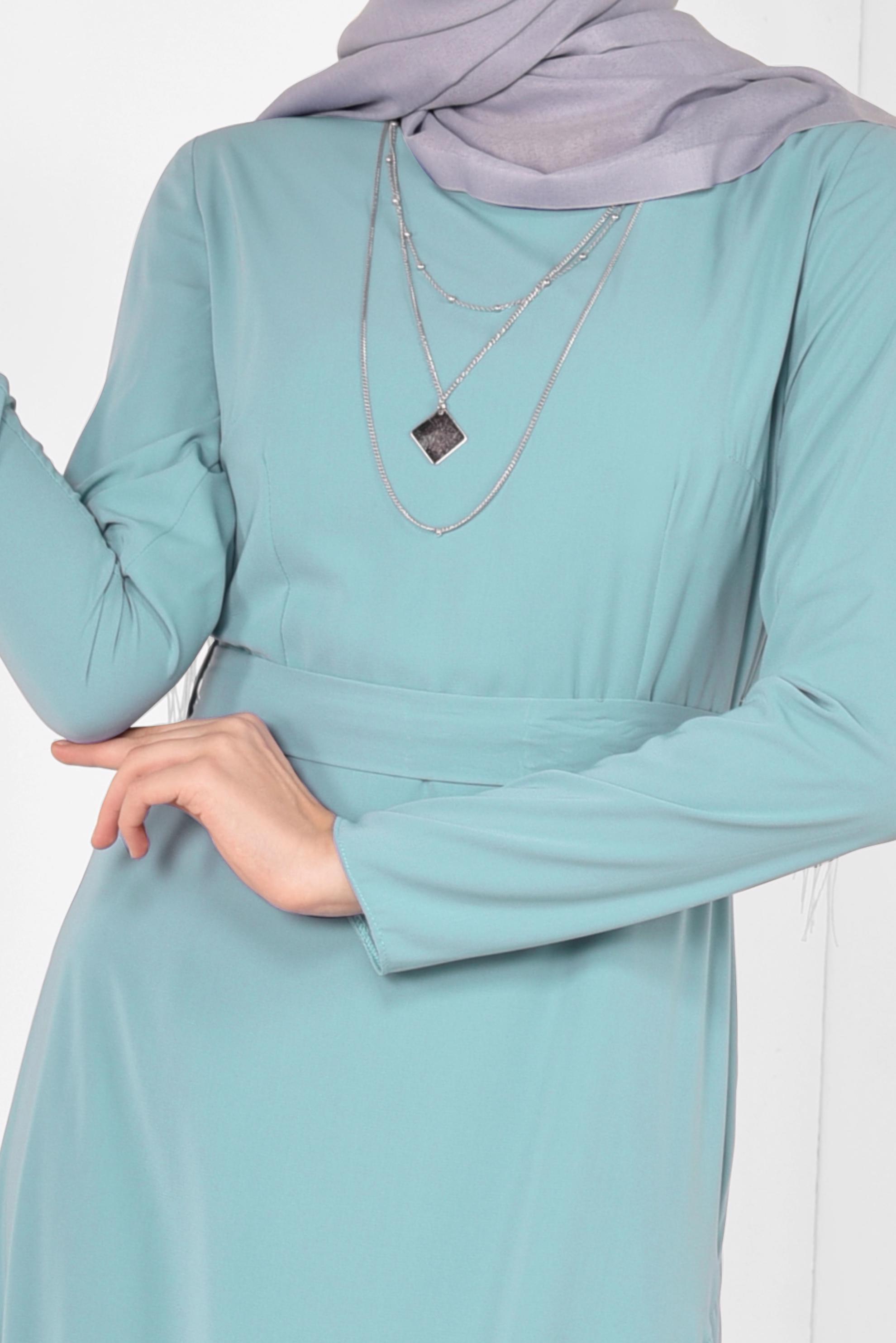 Tesettür giyim MAVİ ETEĞİ VOLANLI ELBİSE 4946