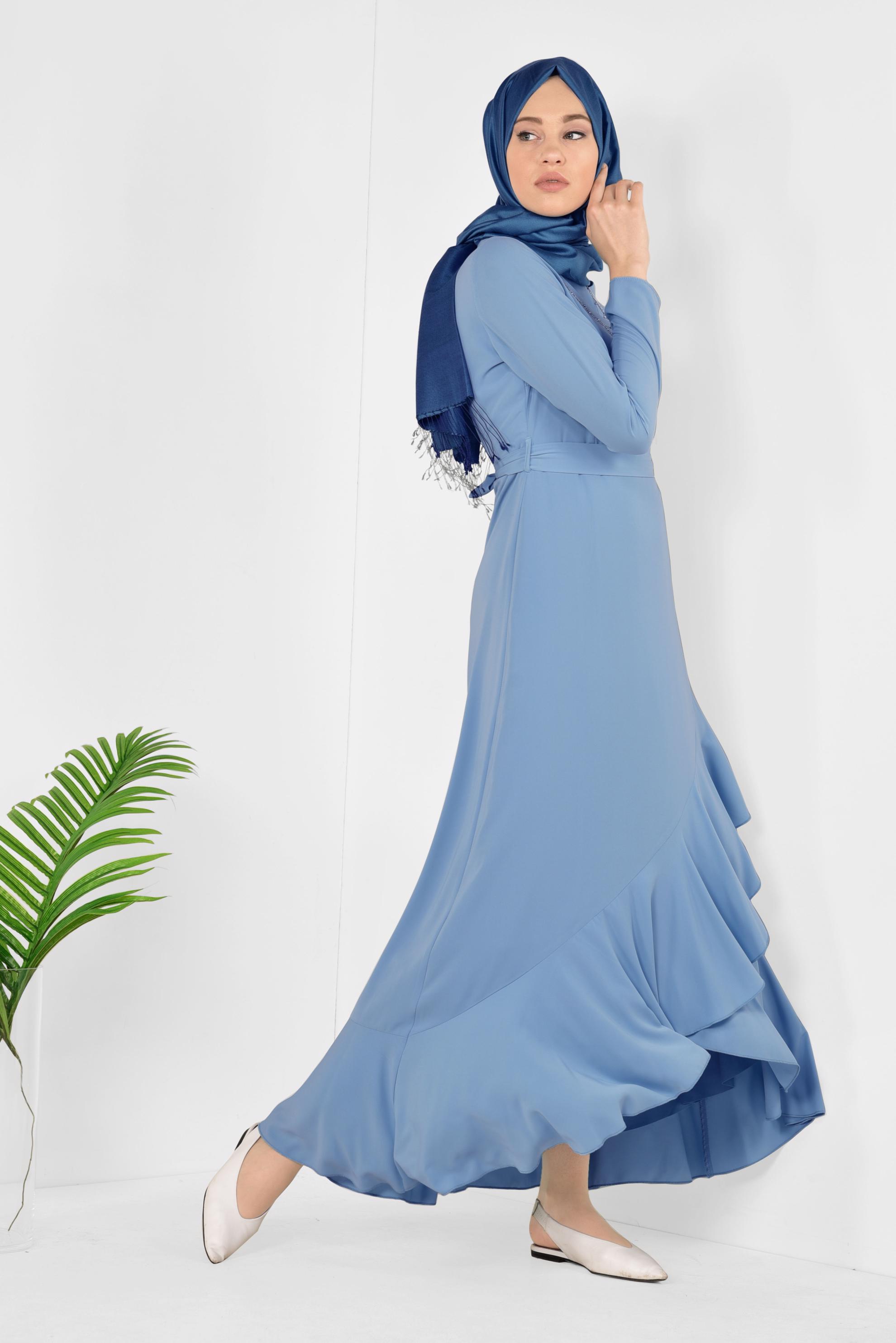 Tesettür giyim MAVİ ETEĞİ VOLANLI ELBİSE 4946