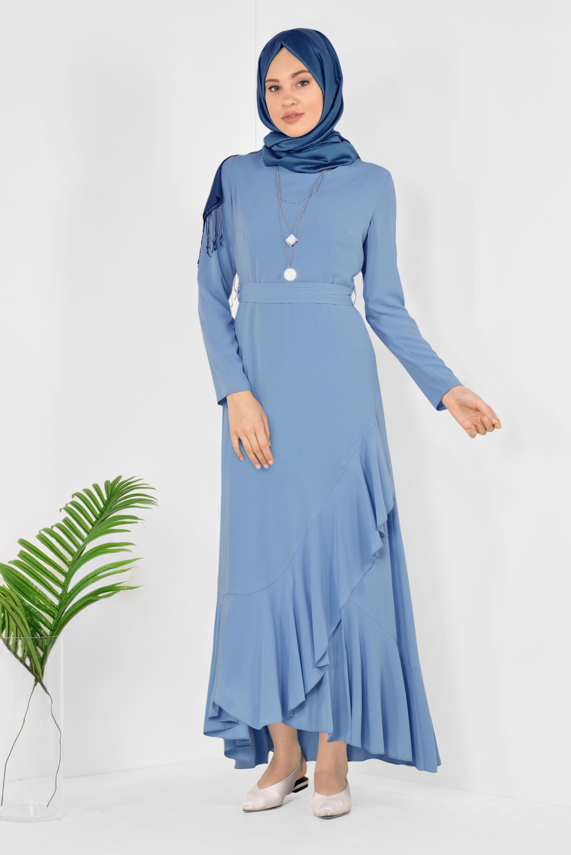 Tesettür giyim MAVİ ETEĞİ VOLANLI ELBİSE 4946
