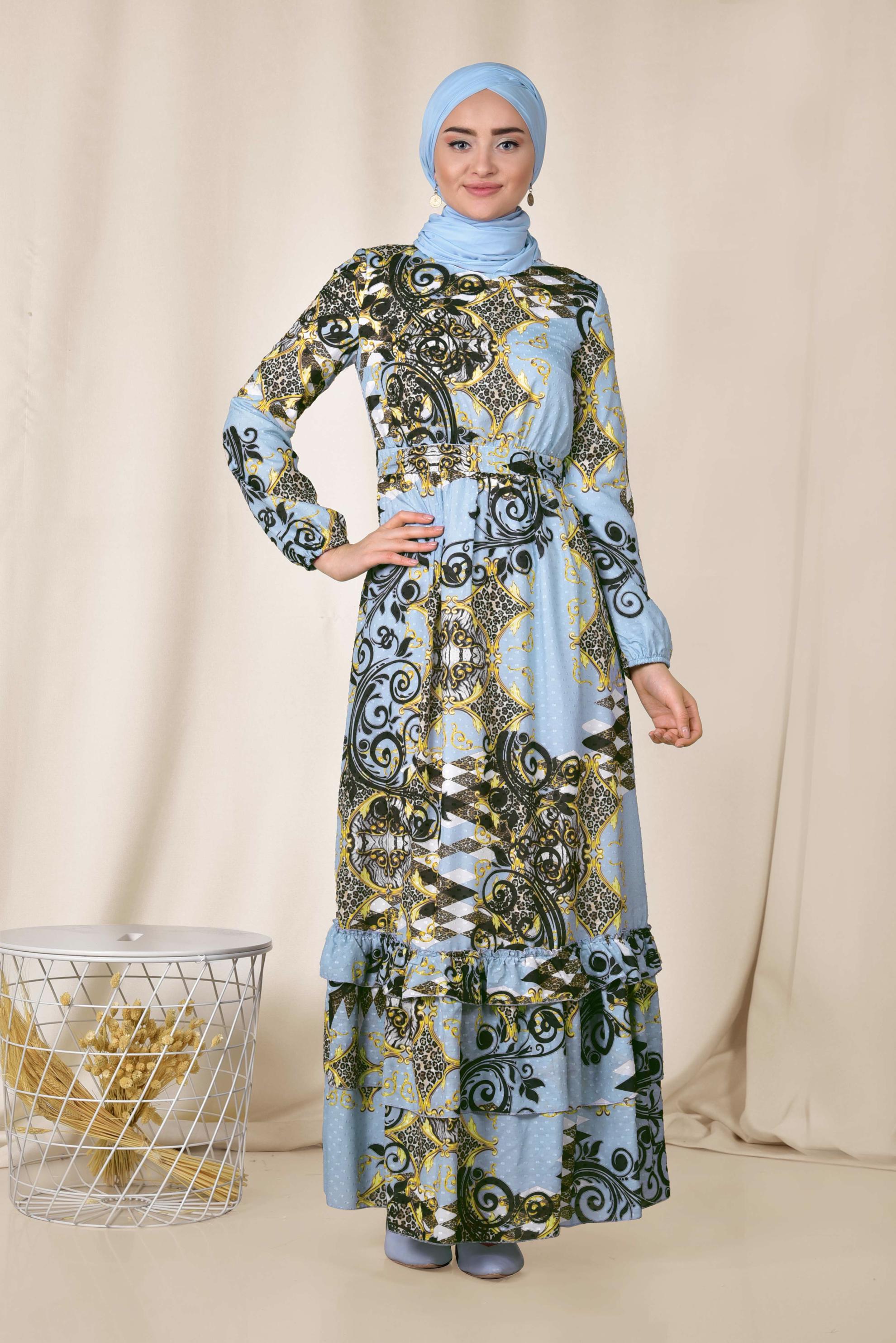 Tesettür giyim MAVİ ETEK UCU KATLI DESENLİ ELBİSE 4967