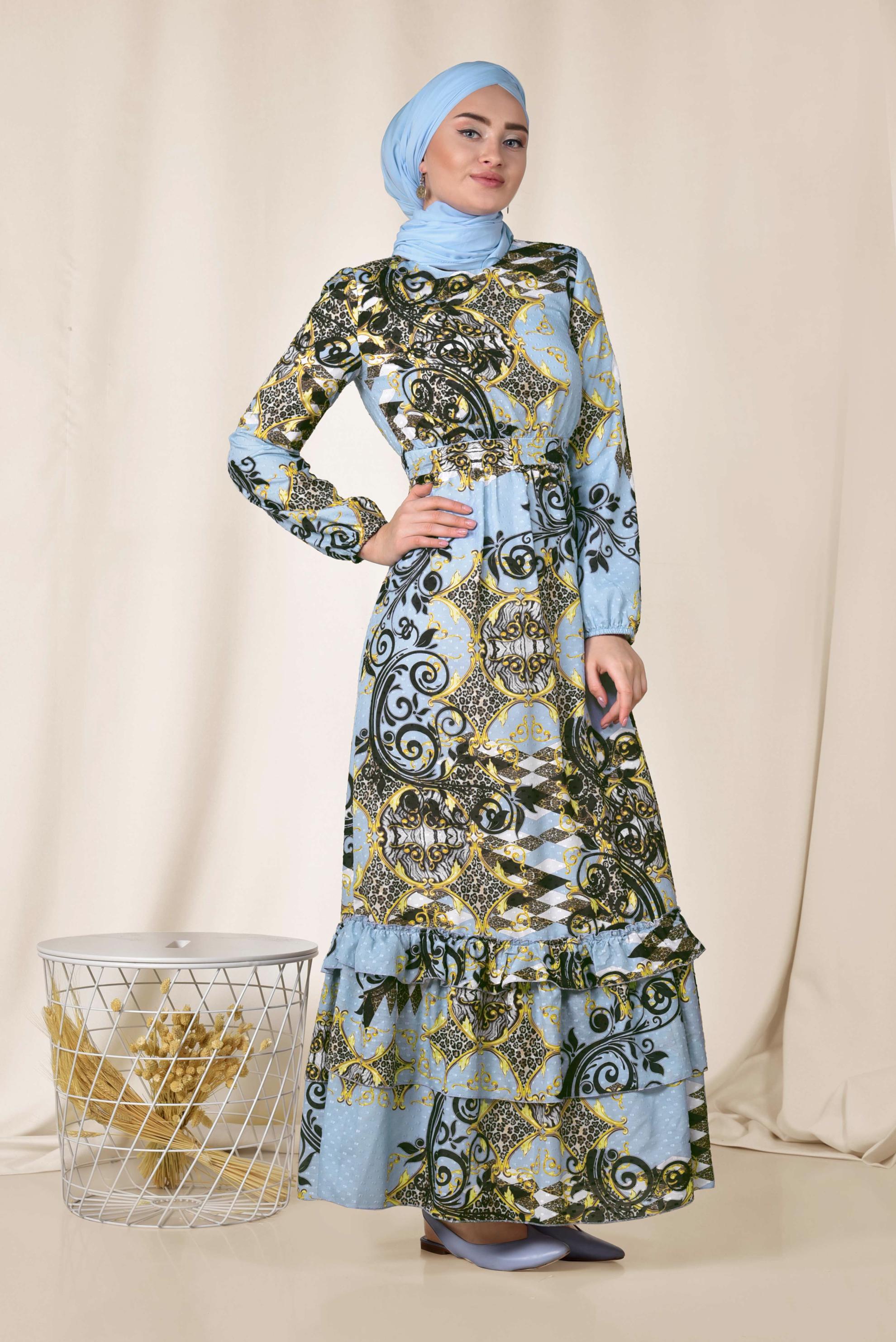 Tesettür giyim MAVİ ETEK UCU KATLI DESENLİ ELBİSE 4967