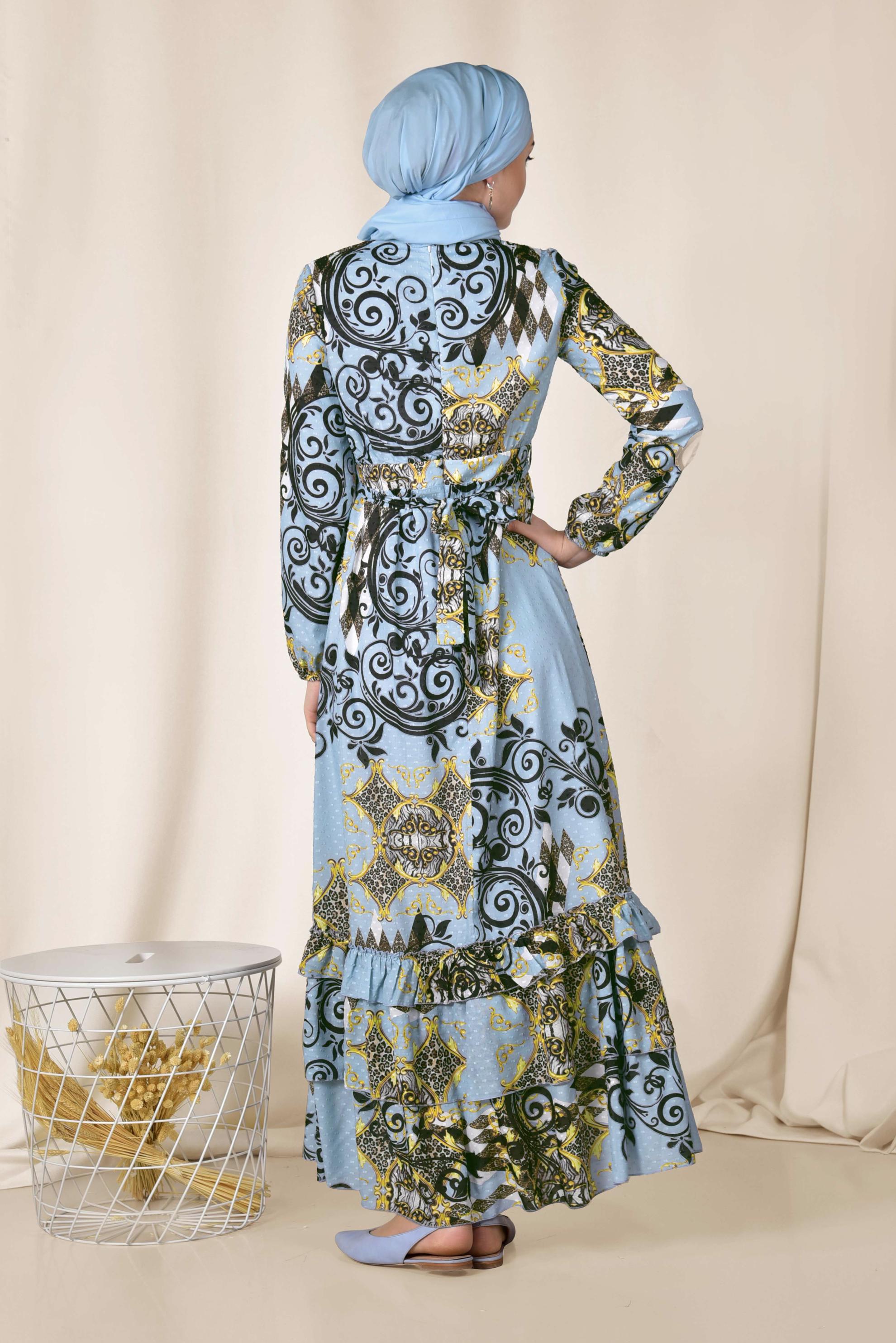 Tesettür giyim MAVİ ETEK UCU KATLI DESENLİ ELBİSE 4967