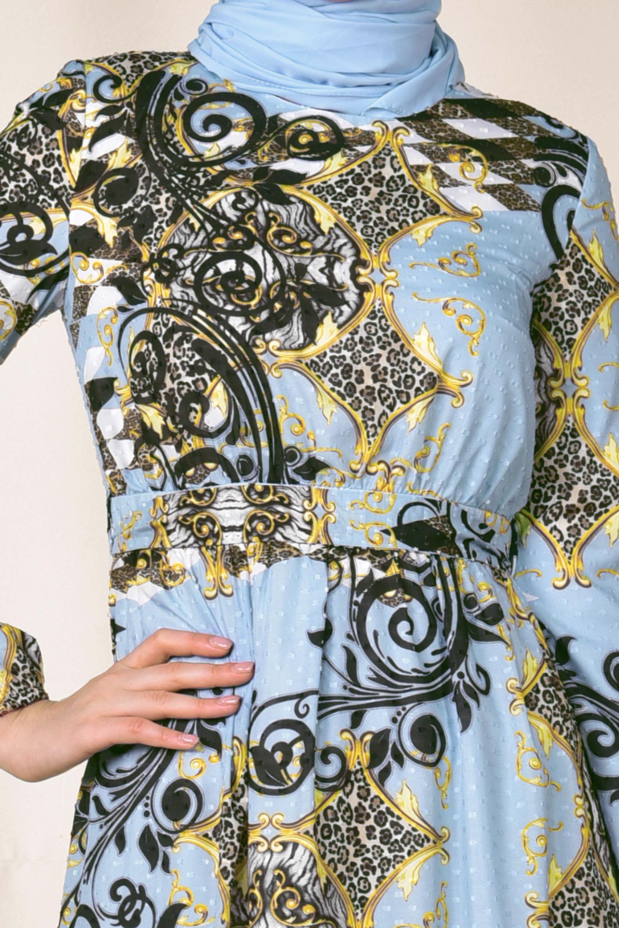 Tesettür giyim MAVİ ETEK UCU KATLI DESENLİ ELBİSE 4967