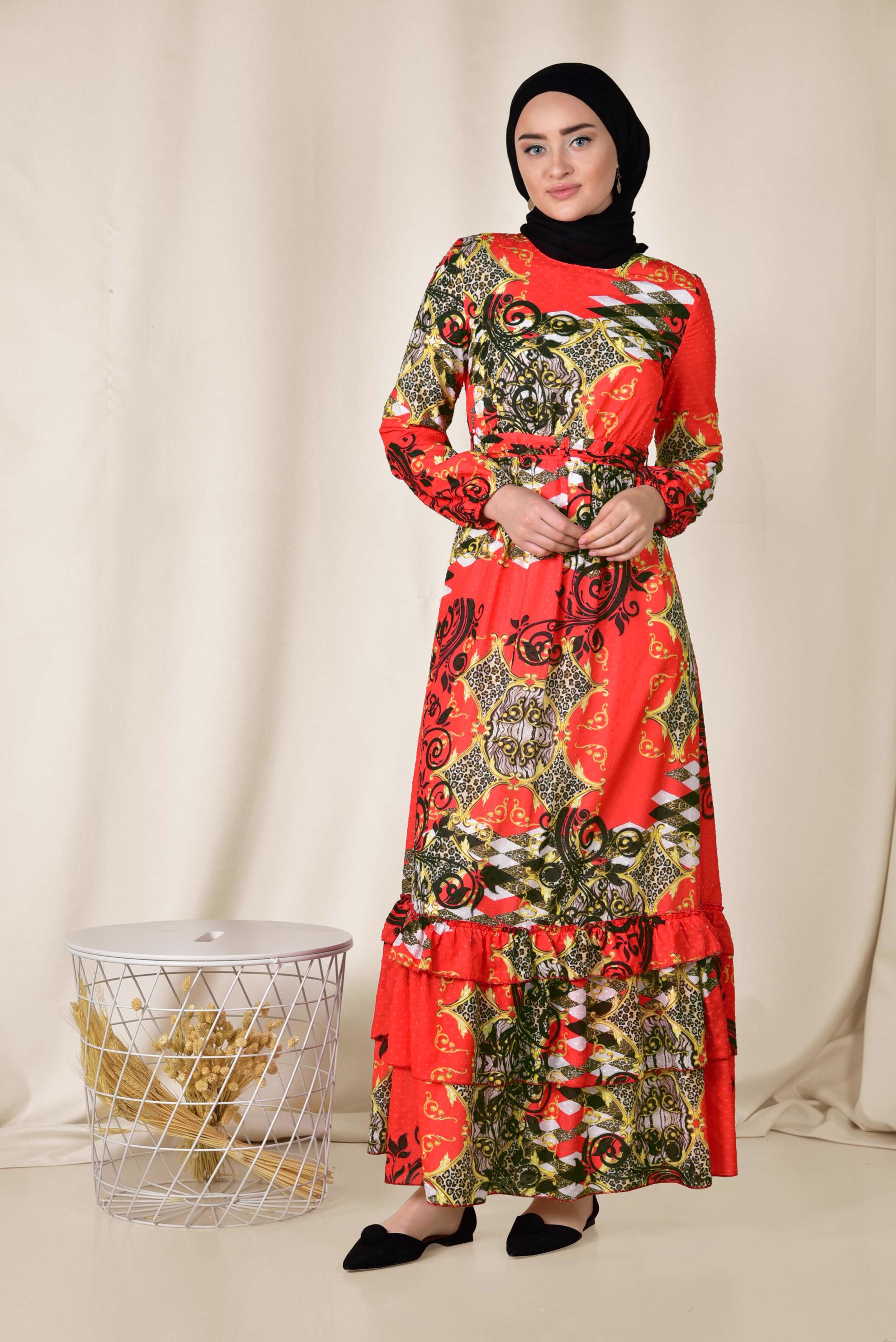 Tesettür giyim KIRMIZI ETEK UCU KATLI DESENLİ ELBİSE 4967