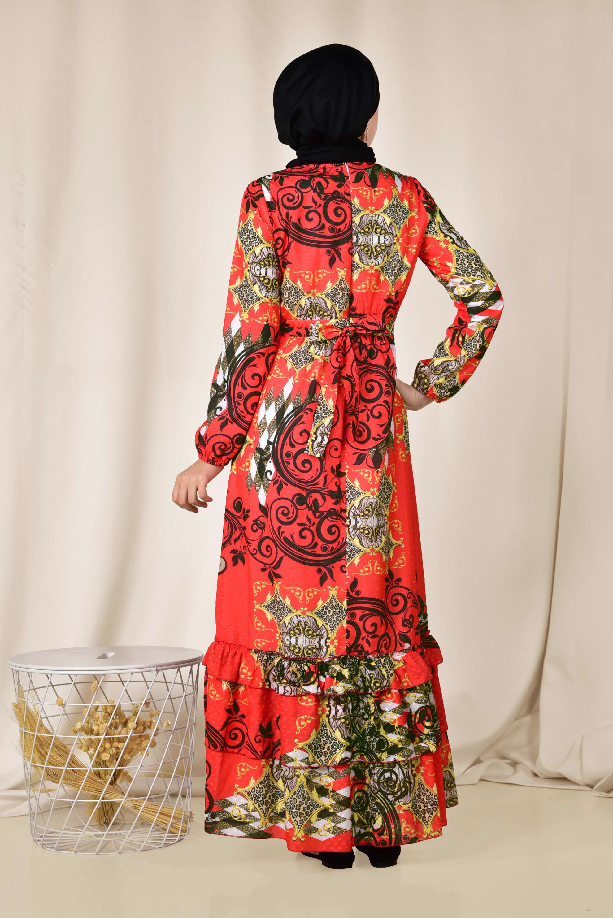 Tesettür giyim KIRMIZI ETEK UCU KATLI DESENLİ ELBİSE 4967