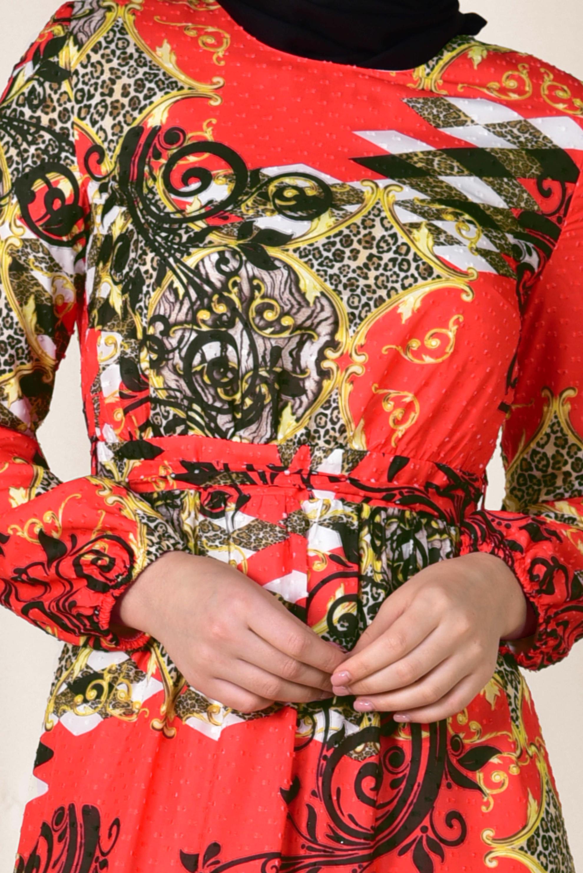 Tesettür giyim KIRMIZI ETEK UCU KATLI DESENLİ ELBİSE 4967