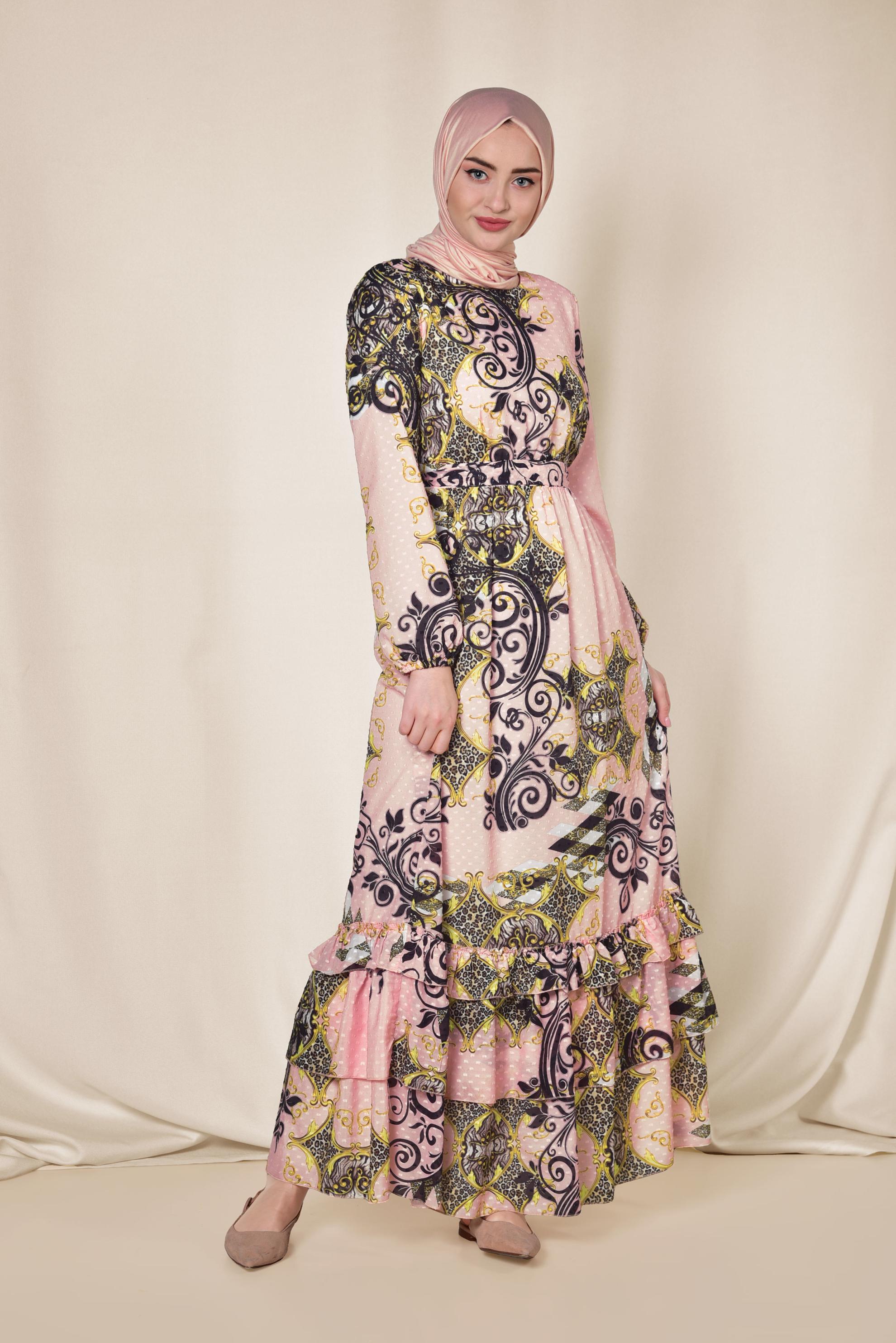 Tesettür giyim PUDRA ETEK UCU KATLI DESENLİ ELBİSE 4967