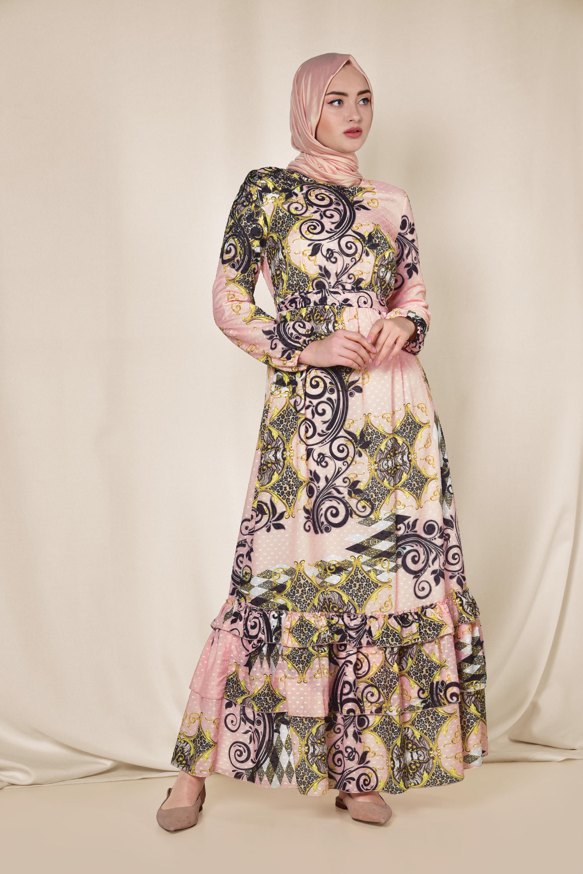 Tesettür giyim PUDRA ETEK UCU KATLI DESENLİ ELBİSE 4967