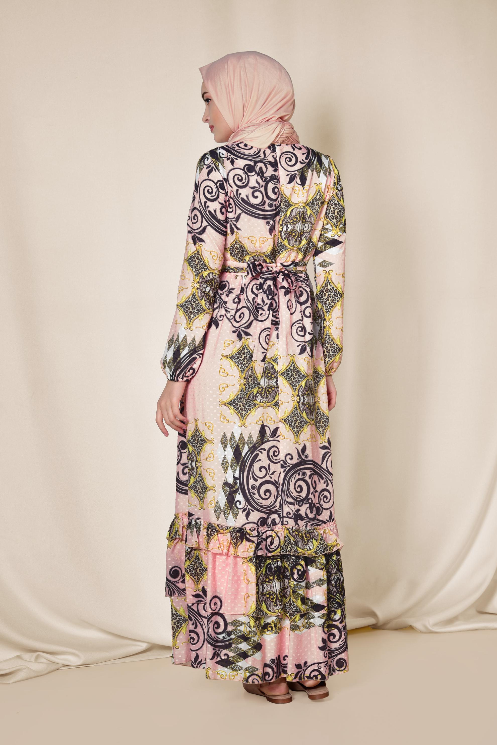 Tesettür giyim PUDRA ETEK UCU KATLI DESENLİ ELBİSE 4967