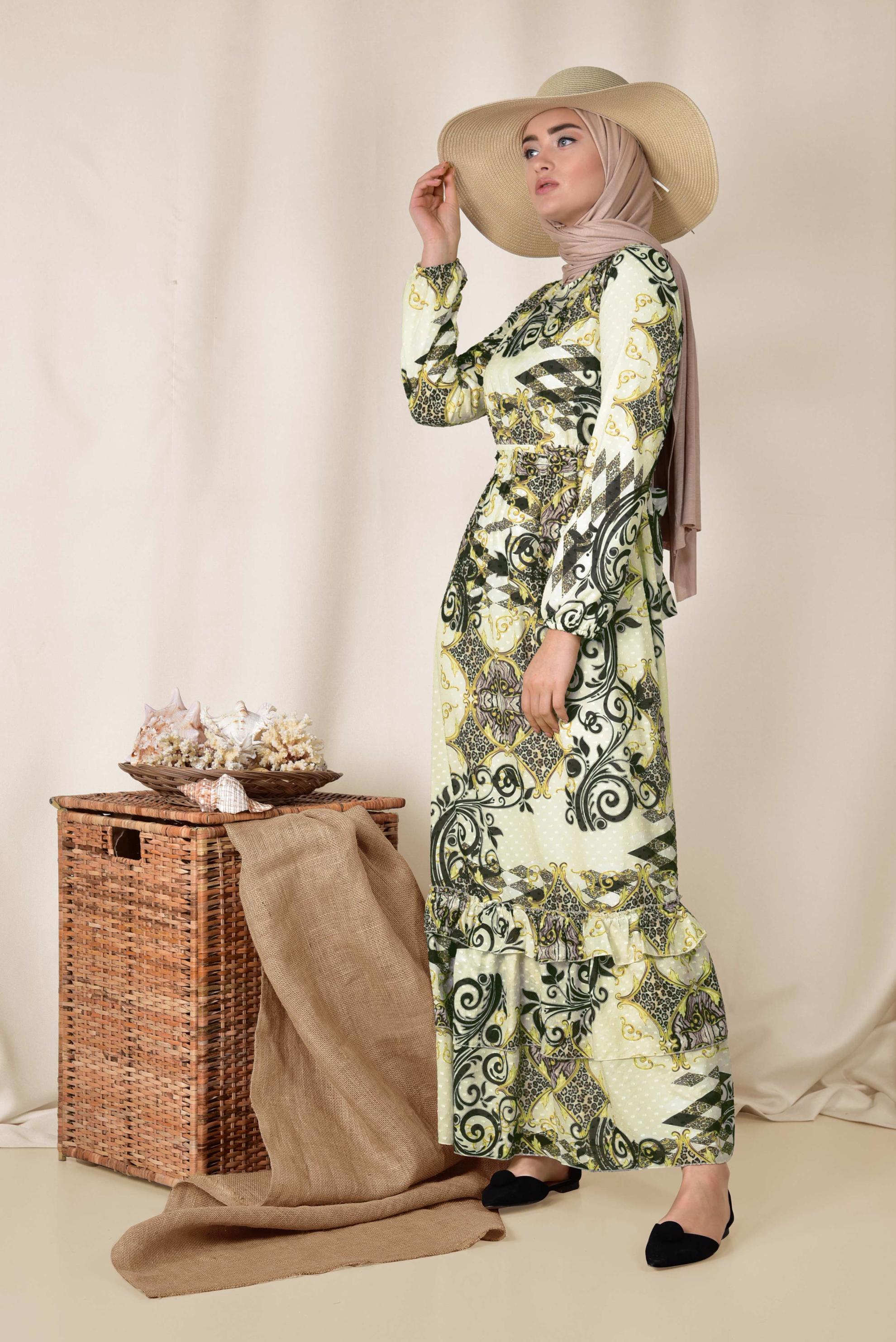 Tesettür giyim SİYAH ETEK UCU KATLI DESENLİ ELBİSE 4967