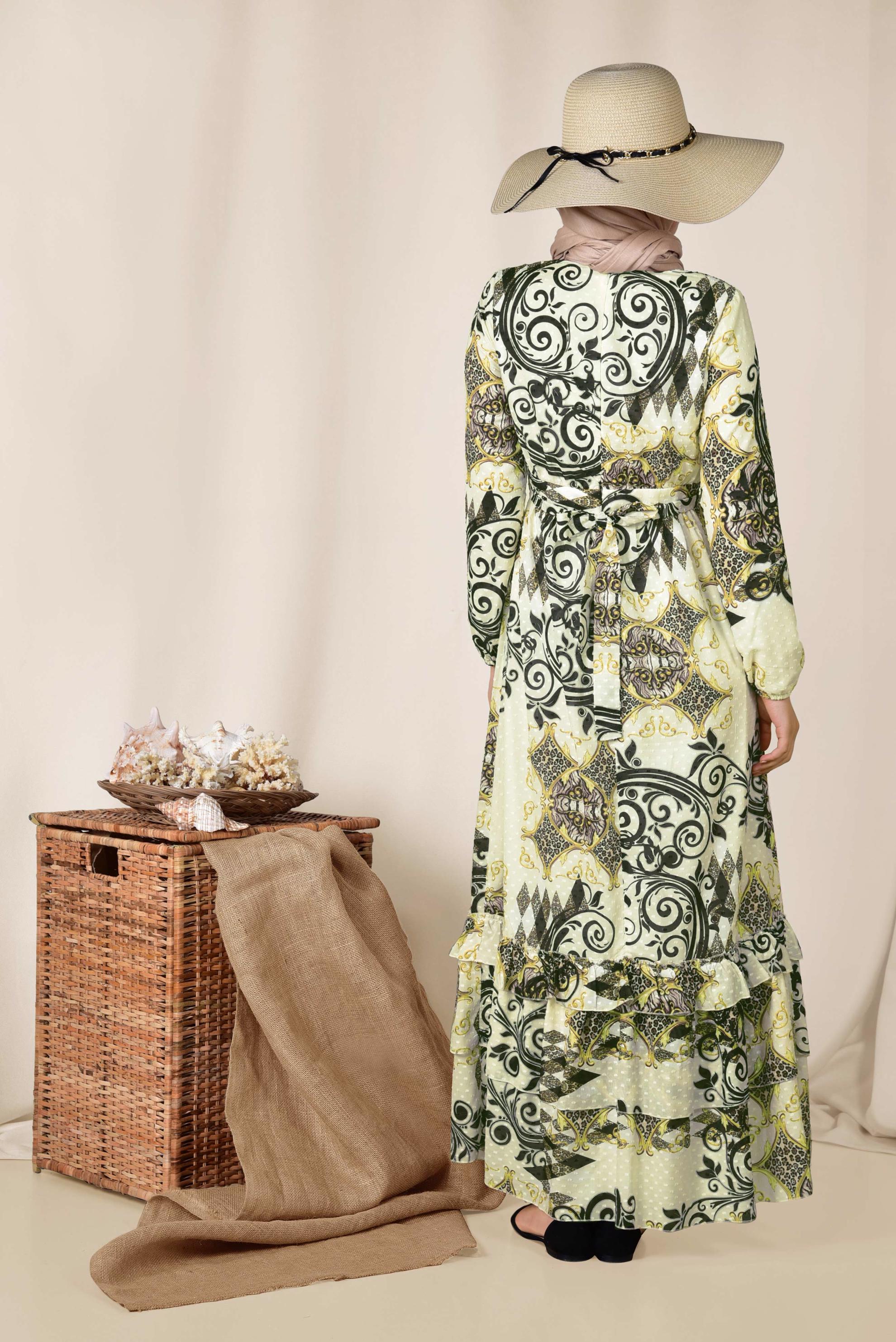 Tesettür giyim SİYAH ETEK UCU KATLI DESENLİ ELBİSE 4967