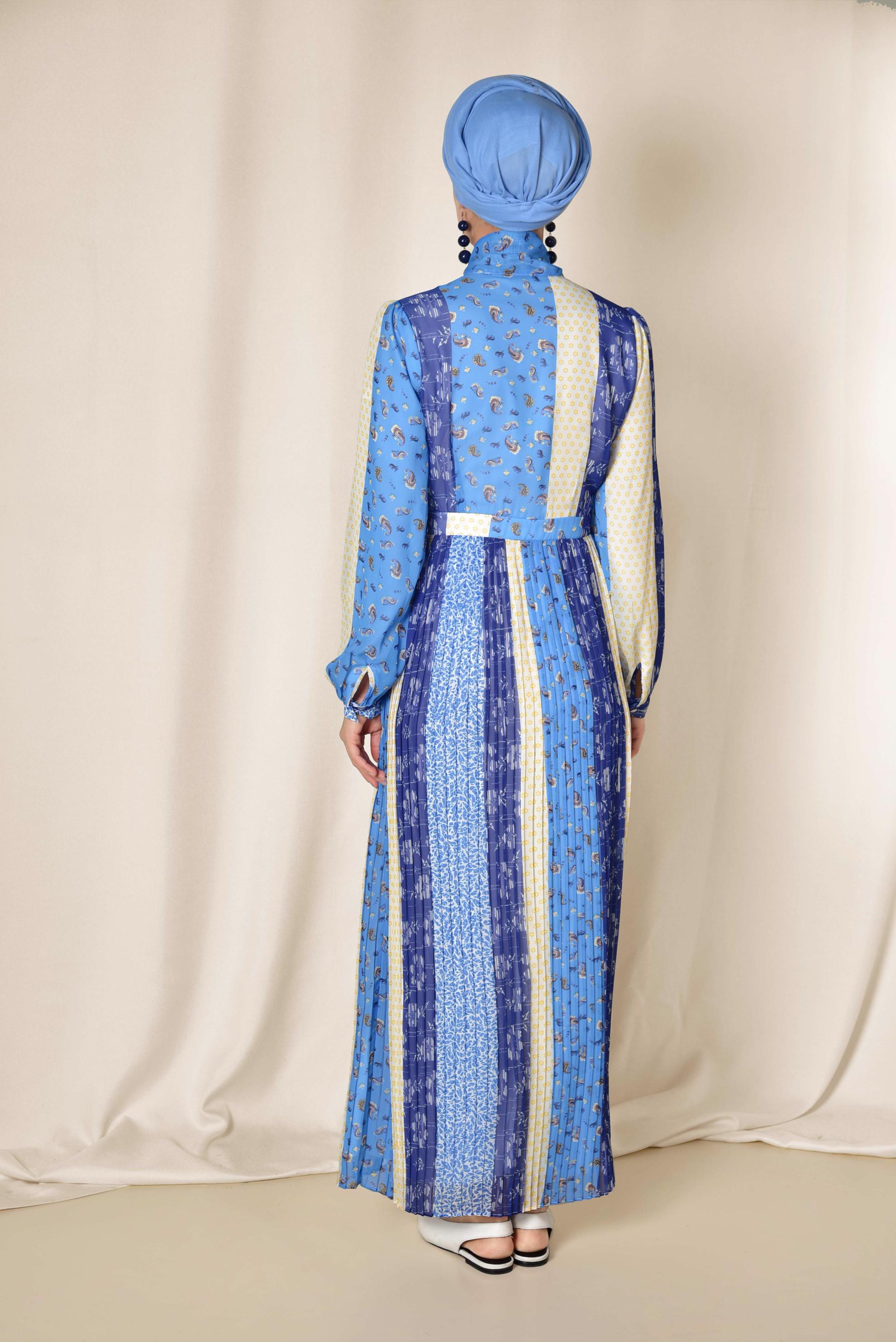 Tesettür giyim LACİVERT ETEĞİ PİLİSELİ DESENLİ ELBİSE 4969