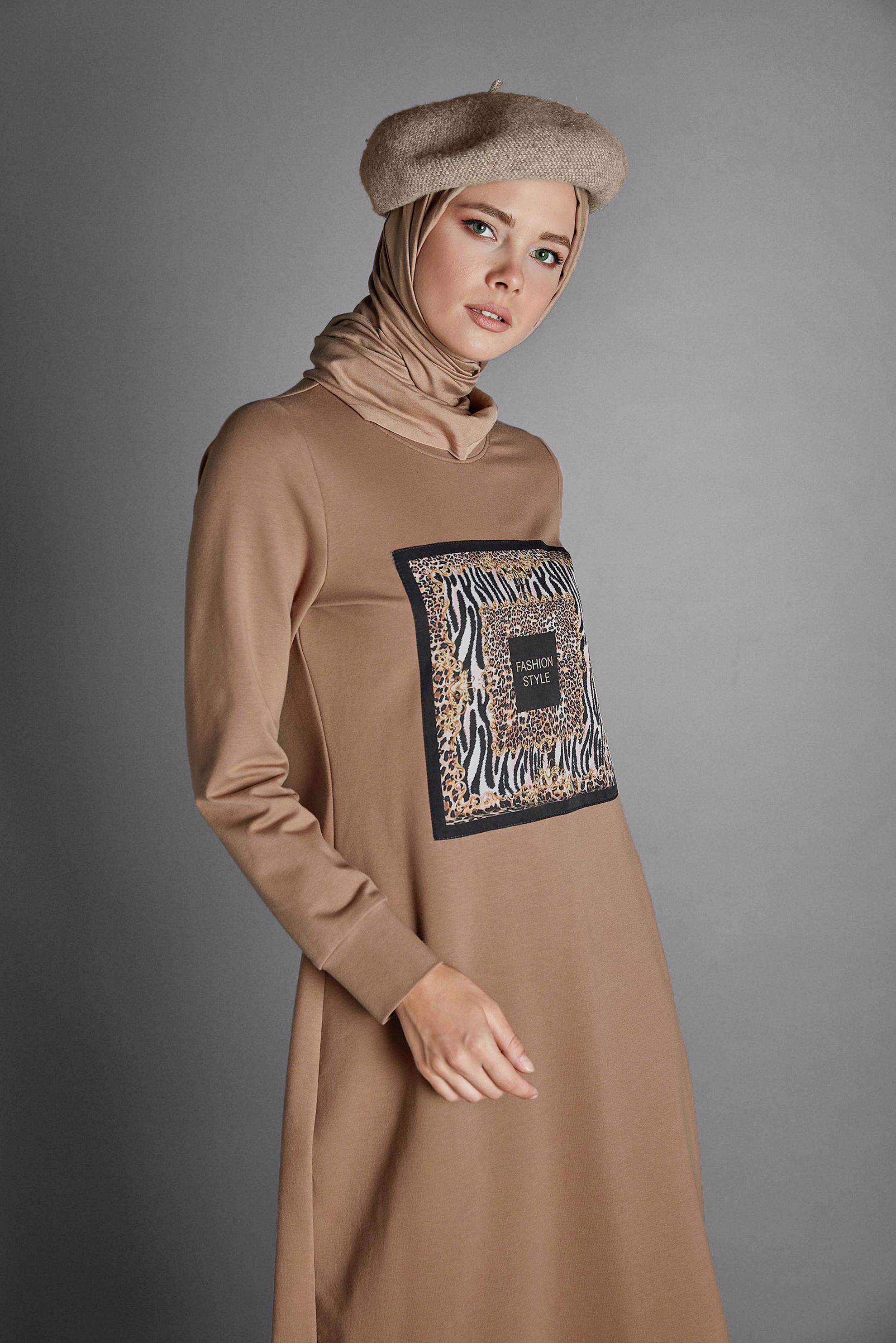 Tesettür giyim TABA 	DESENLİ EŞOFMAN ELBİSE 40124