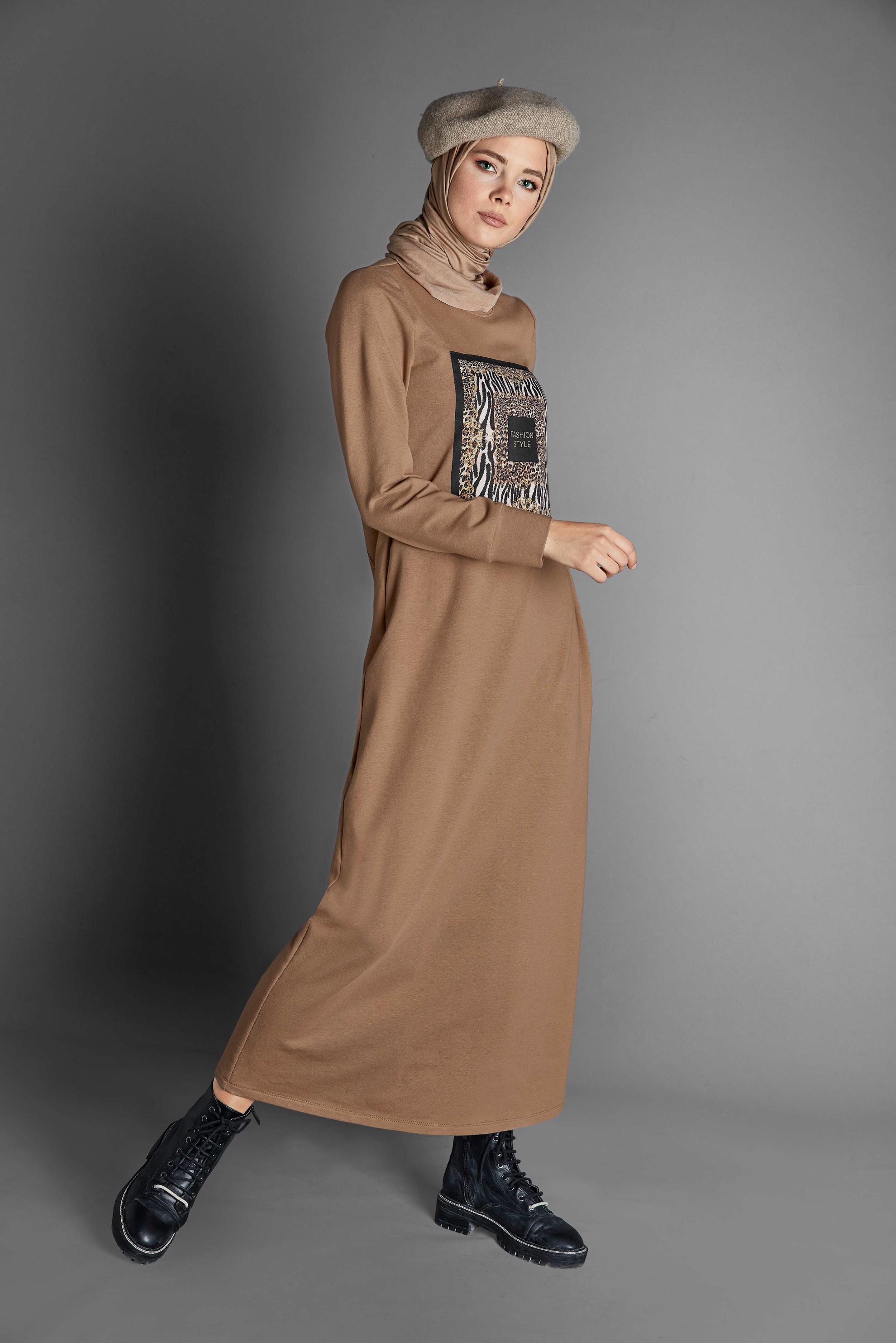 Tesettür giyim TABA 	DESENLİ EŞOFMAN ELBİSE 40124