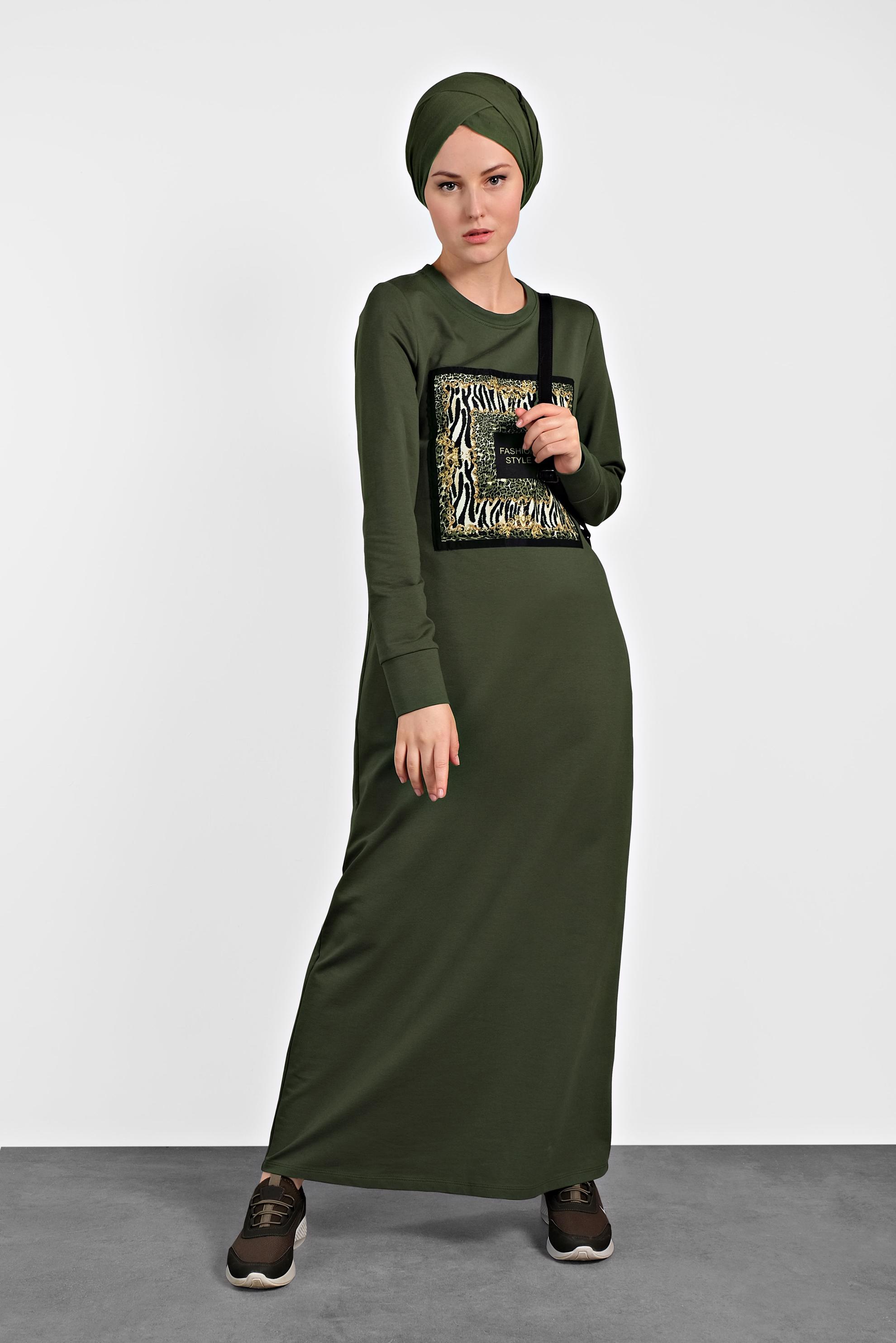 Tesettür giyim HAKİ 	DESENLİ EŞOFMAN ELBİSE 40124