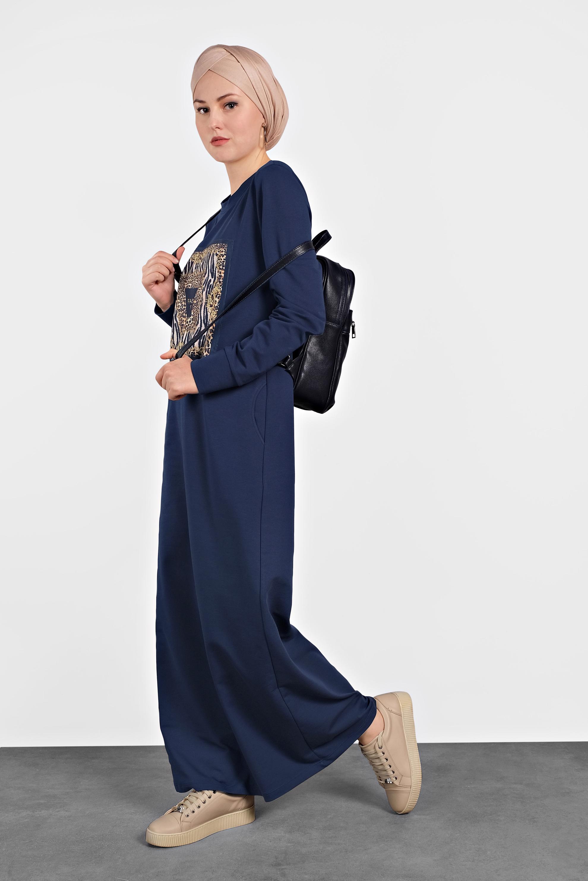 Tesettür giyim LACİVERT 	DESENLİ EŞOFMAN ELBİSE 40124