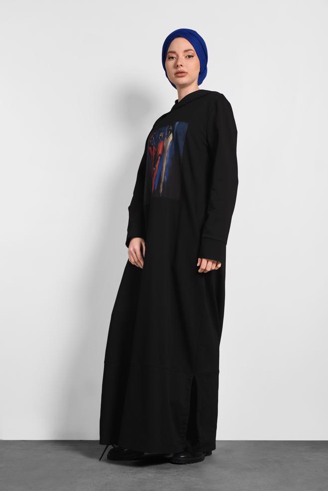 Tesettür giyim SİYAH BASKILI PAMUKLU ELBİSE 40225 - ALVİNA