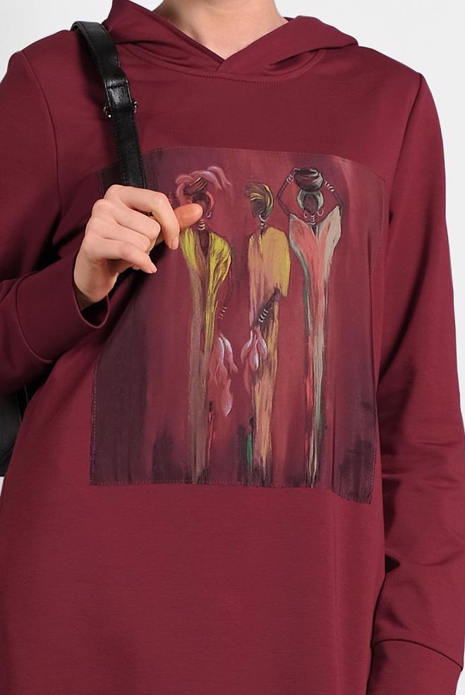 Tesettür giyim BORDO BASKILI PAMUKLU ELBİSE 40225 - ALVİNA