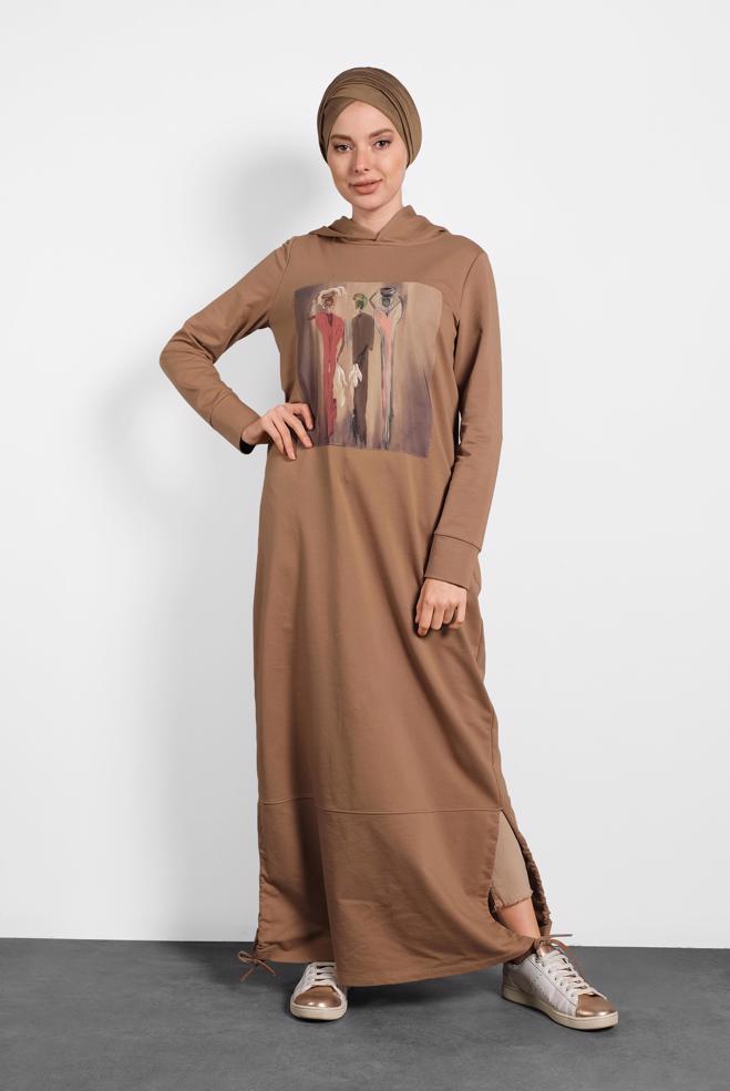 Tesettür giyim TABA BASKILI PAMUKLU ELBİSE 40225 - ALVİNA