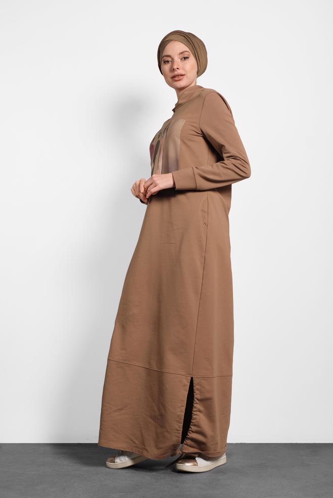 Tesettür giyim TABA BASKILI PAMUKLU ELBİSE 40225 - ALVİNA