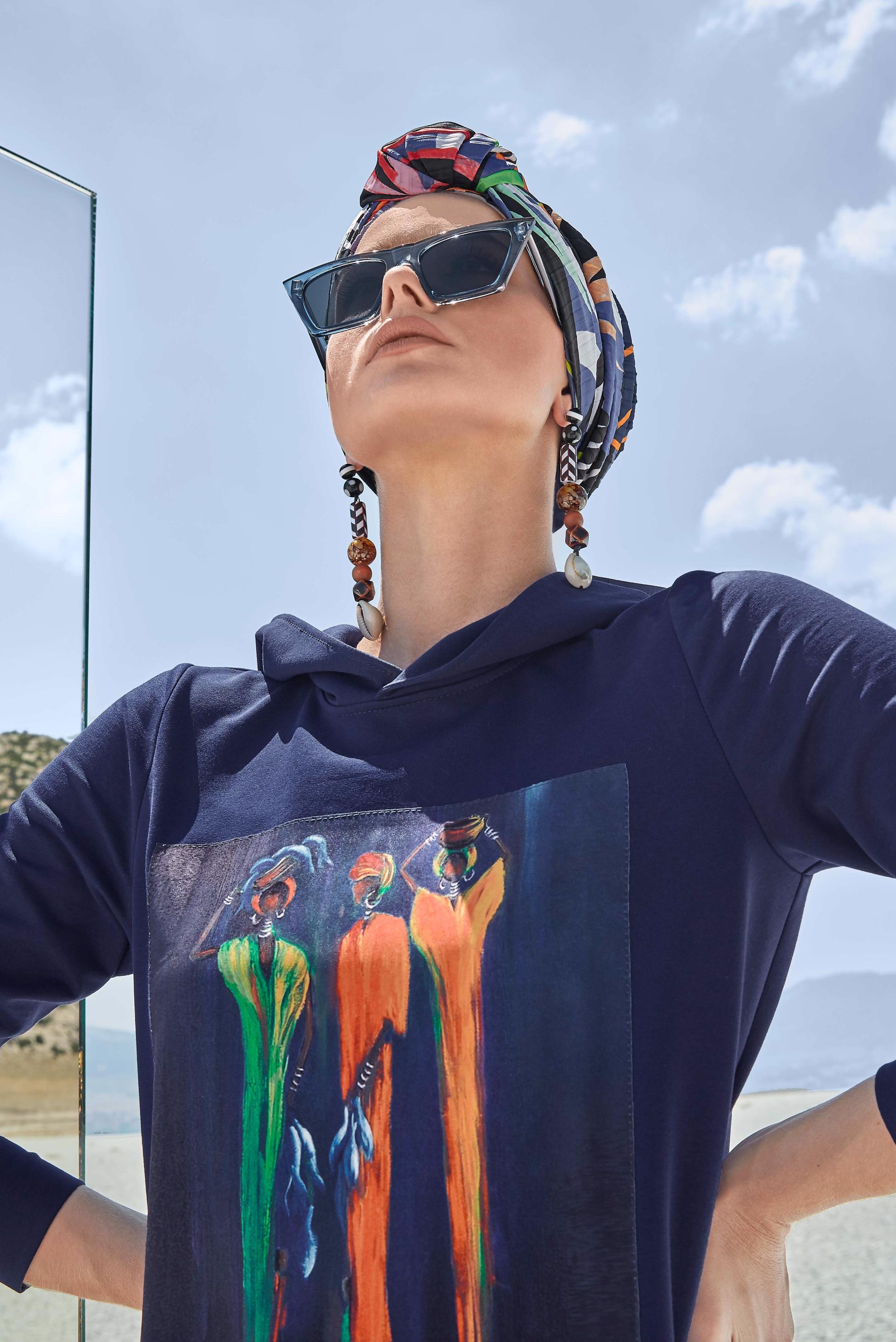 Tesettür giyim LACİVERT BASKILI PAMUKLU ELBİSE 40225