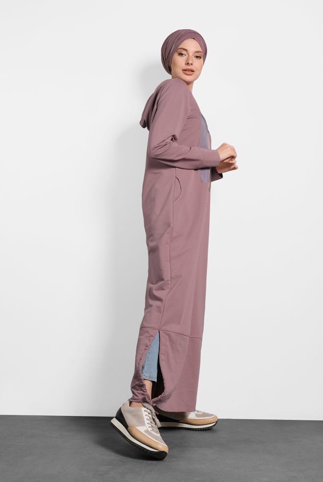 Tesettür giyim PEMBE BASKILI PAMUKLU ELBİSE 40225 - ALVİNA