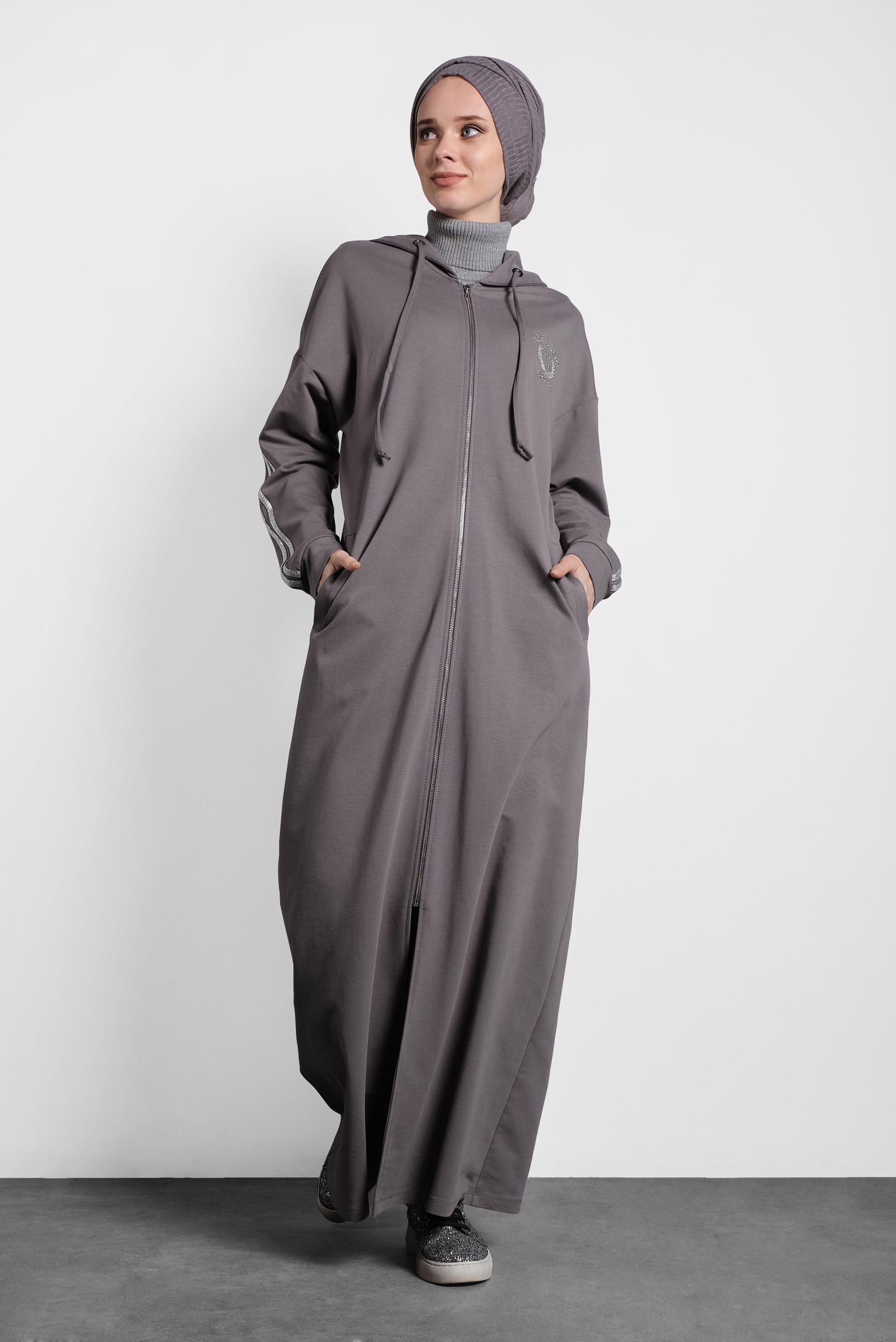 Tesettür giyim GRİ FERMUARLI ŞERİTLİ EŞOFMAN TUNİK 40345