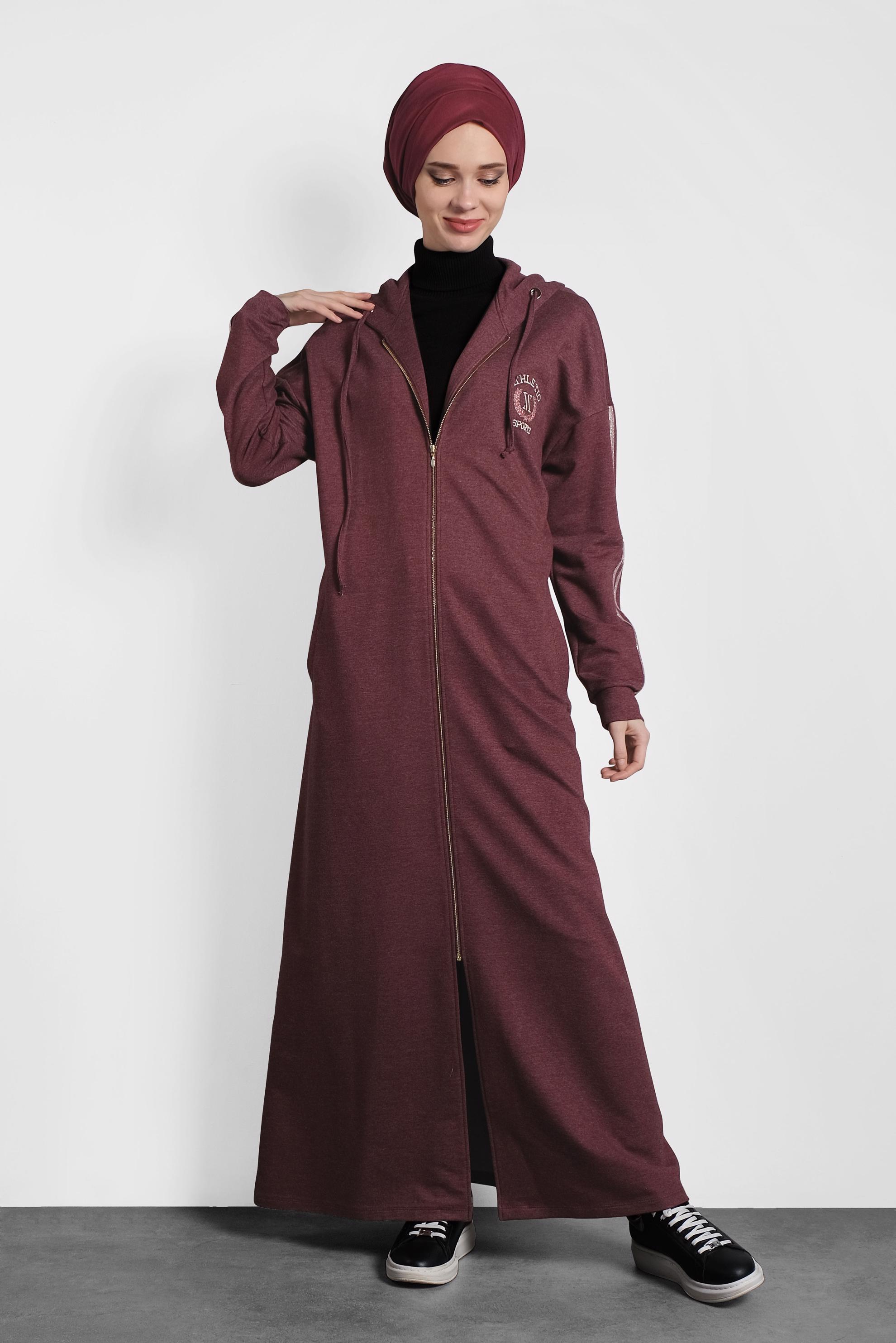 Tesettür giyim BORDO FERMUARLI ŞERİTLİ EŞOFMAN TUNİK 40345
