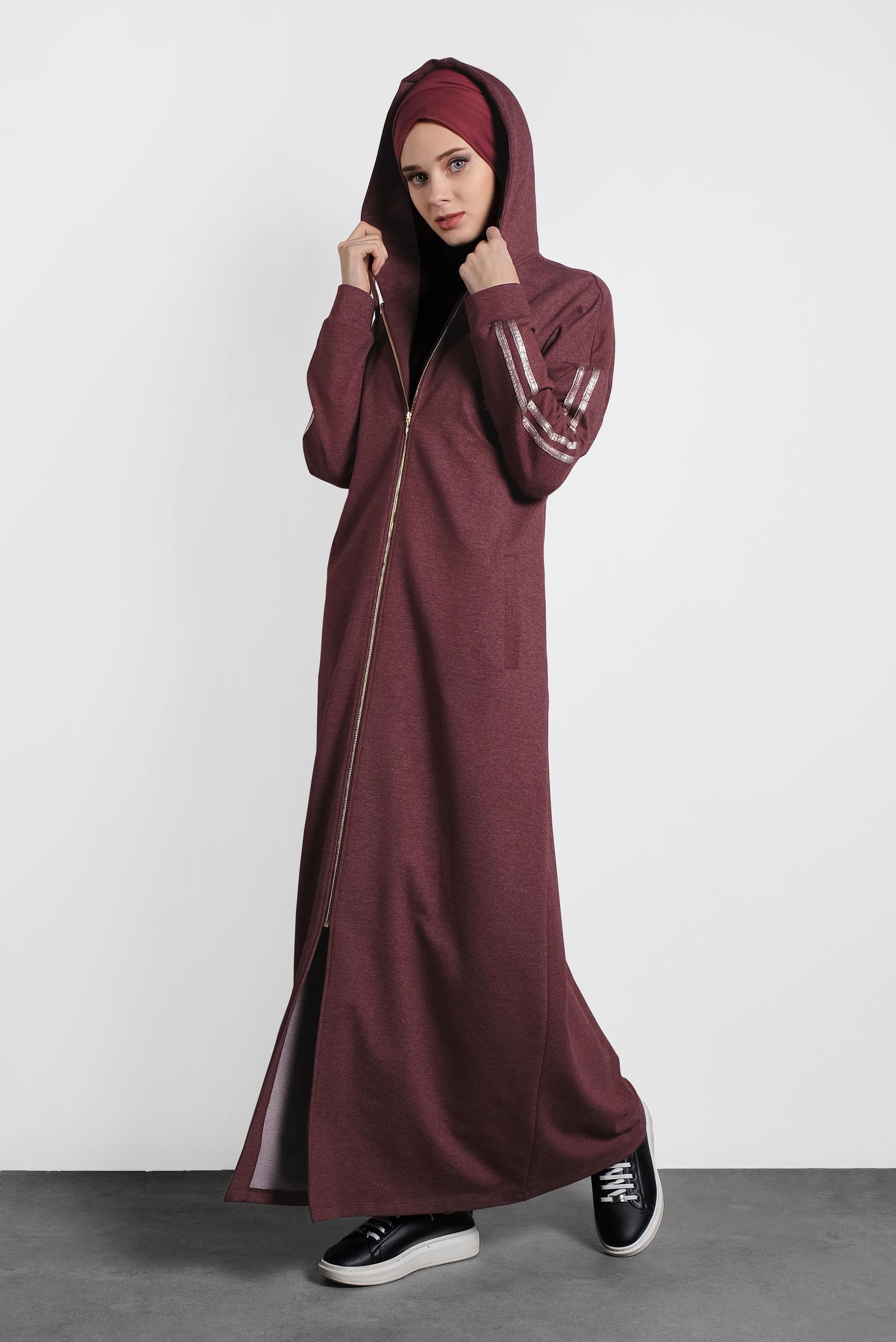 Tesettür giyim BORDO FERMUARLI ŞERİTLİ EŞOFMAN TUNİK 40345