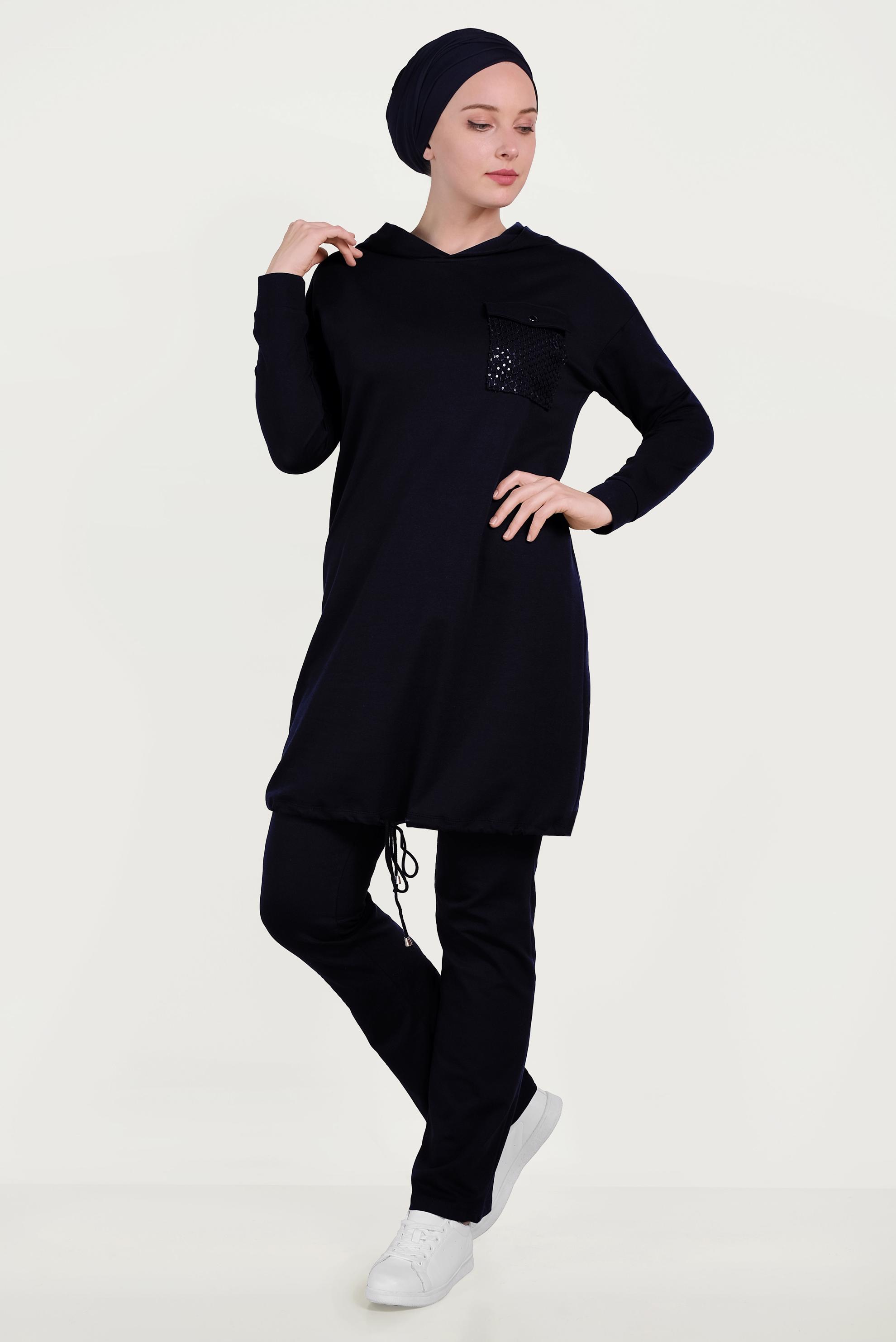 Tesettür giyim SİYAH ETEK UCU BÜZGÜLÜ PAMUKLU EŞOFMAN TAKIMI 40478