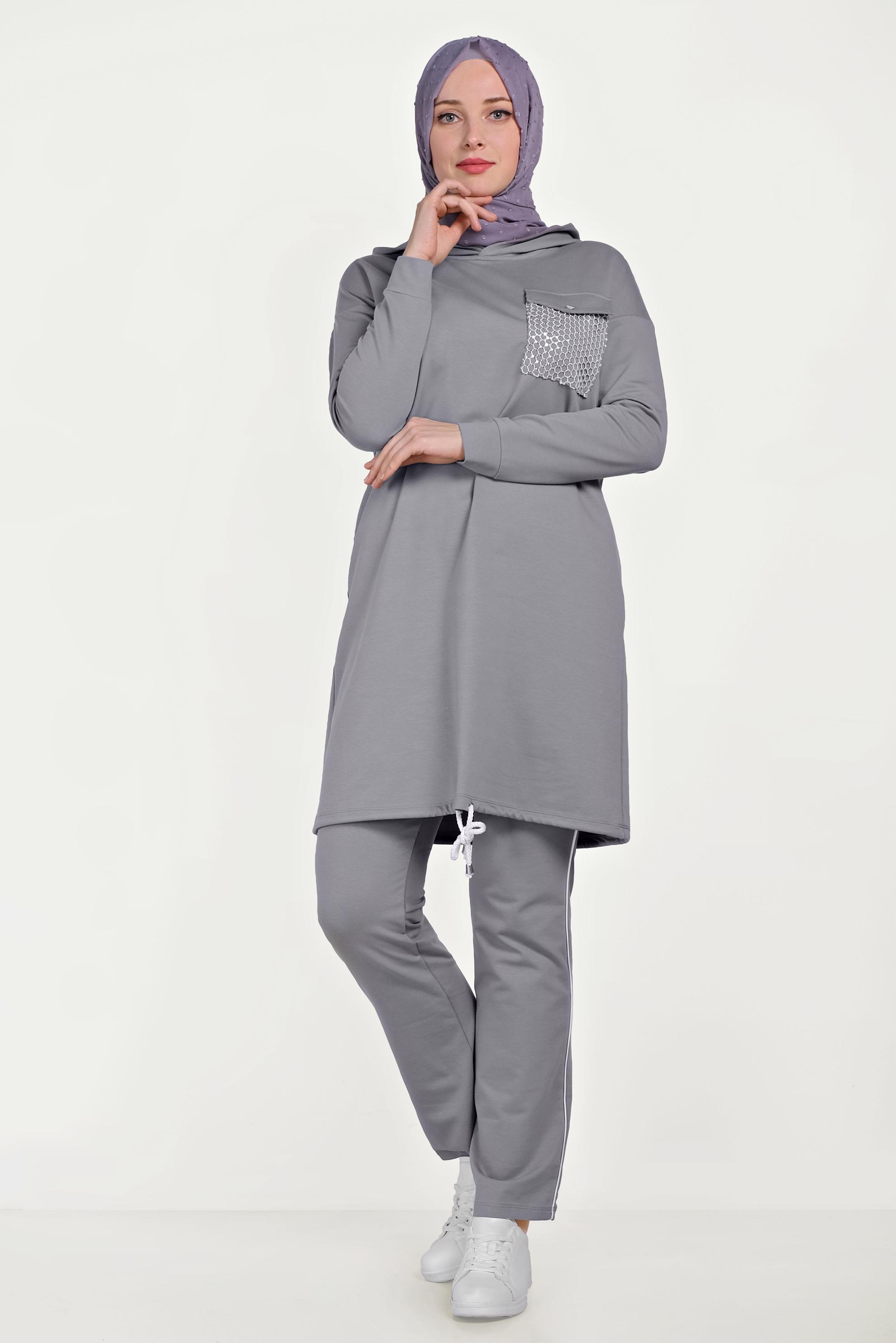 Tesettür giyim GRİ ETEK UCU BÜZGÜLÜ PAMUKLU EŞOFMAN TAKIMI 40478