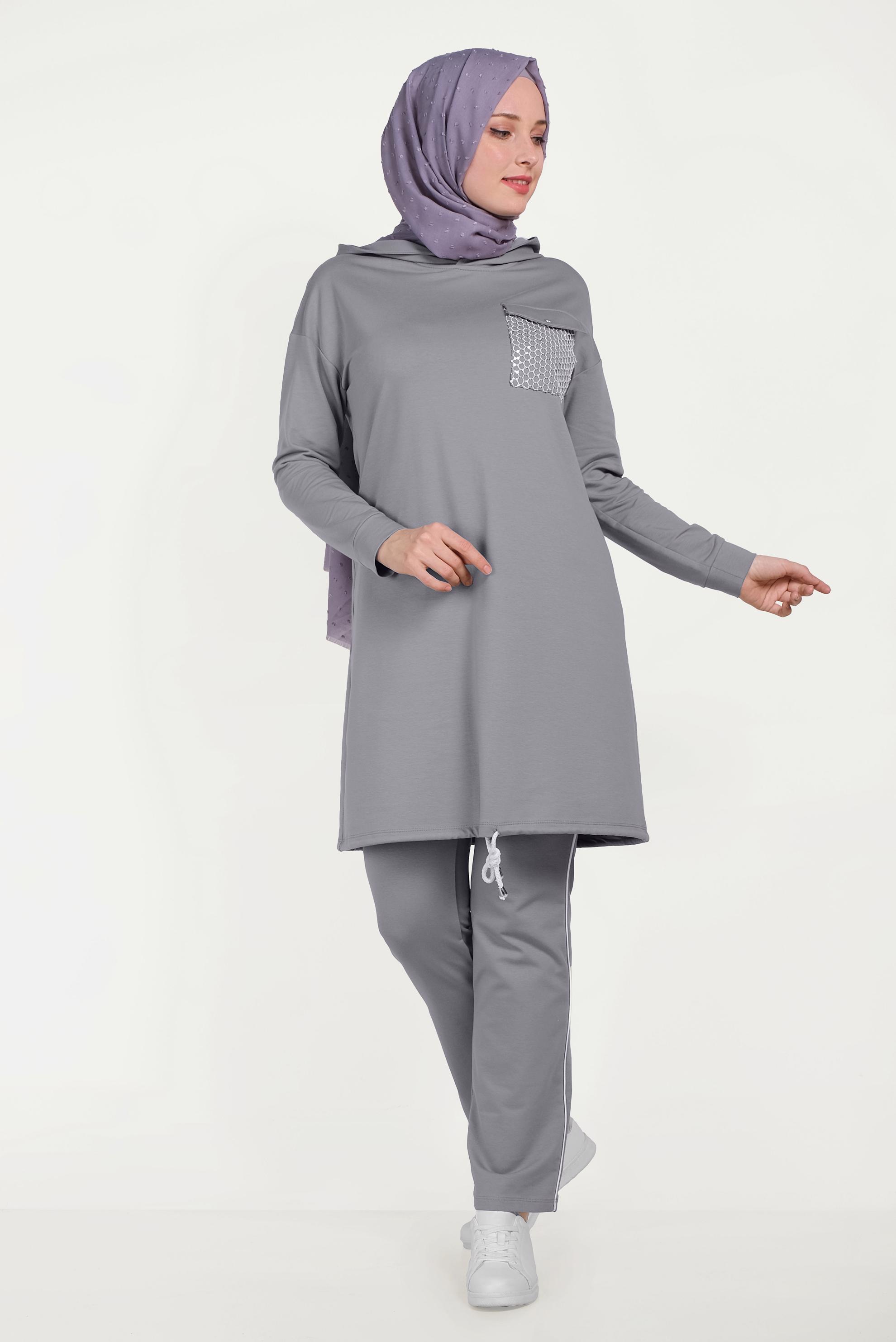 Tesettür giyim GRİ ETEK UCU BÜZGÜLÜ PAMUKLU EŞOFMAN TAKIMI 40478
