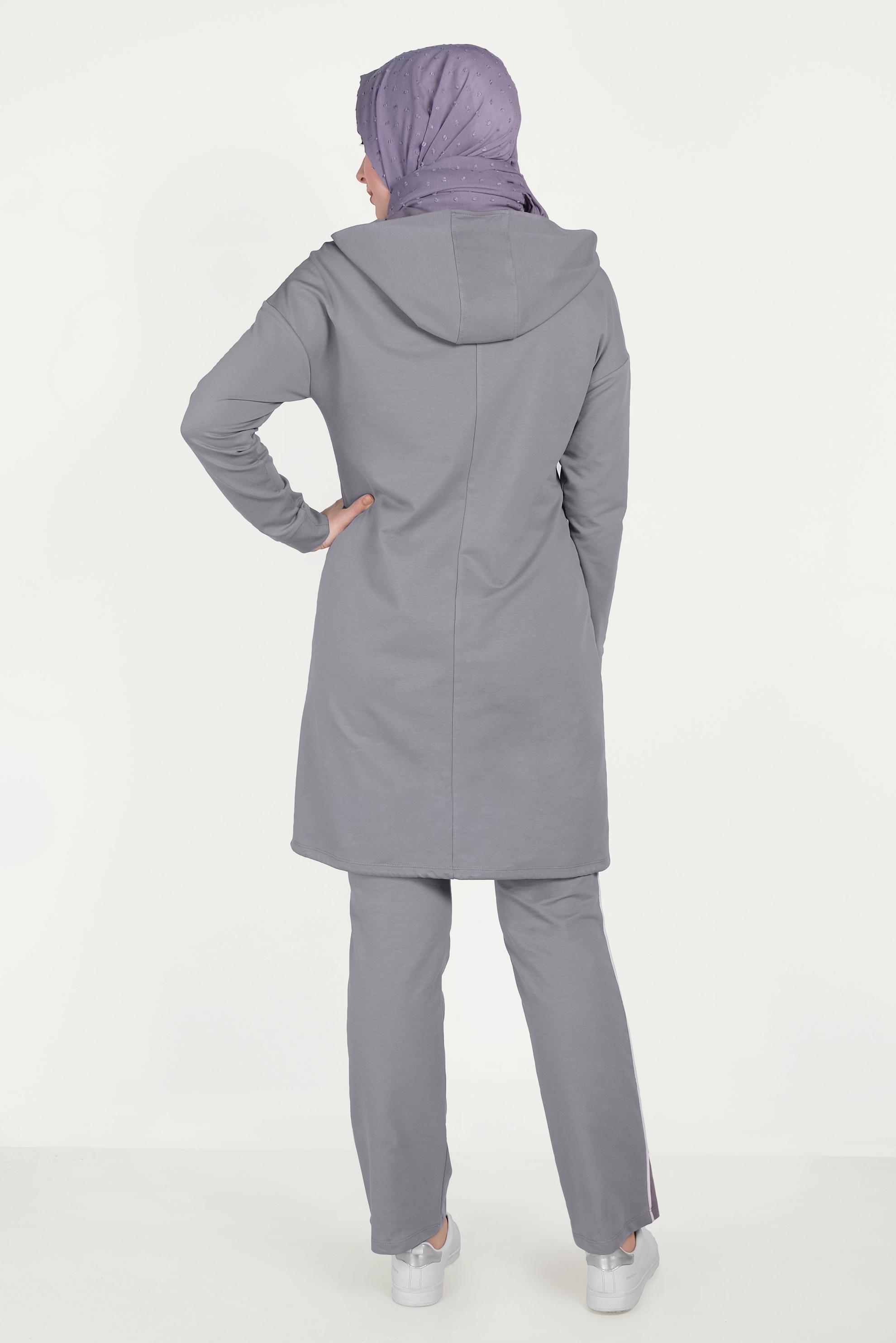 Tesettür giyim GRİ ETEK UCU BÜZGÜLÜ PAMUKLU EŞOFMAN TAKIMI 40478