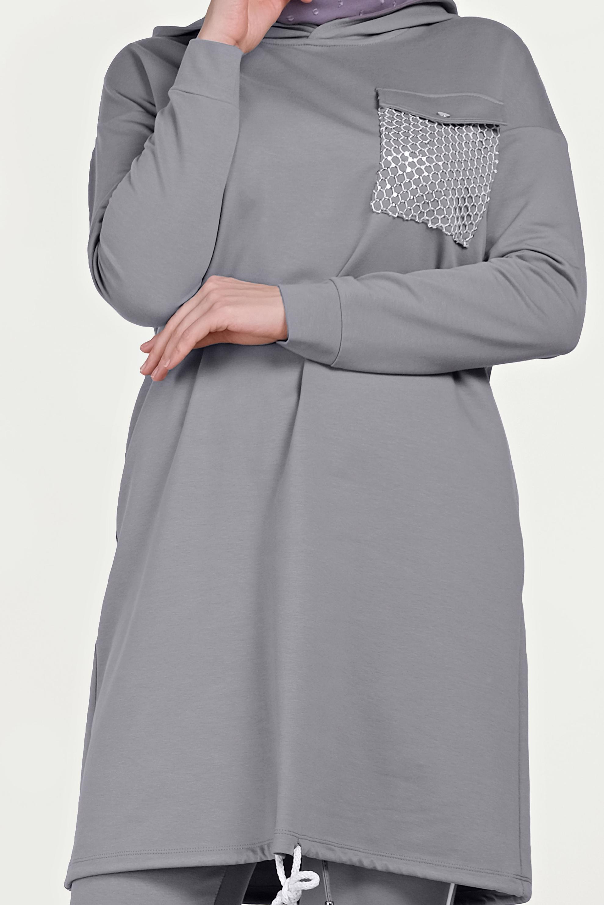 Tesettür giyim GRİ ETEK UCU BÜZGÜLÜ PAMUKLU EŞOFMAN TAKIMI 40478