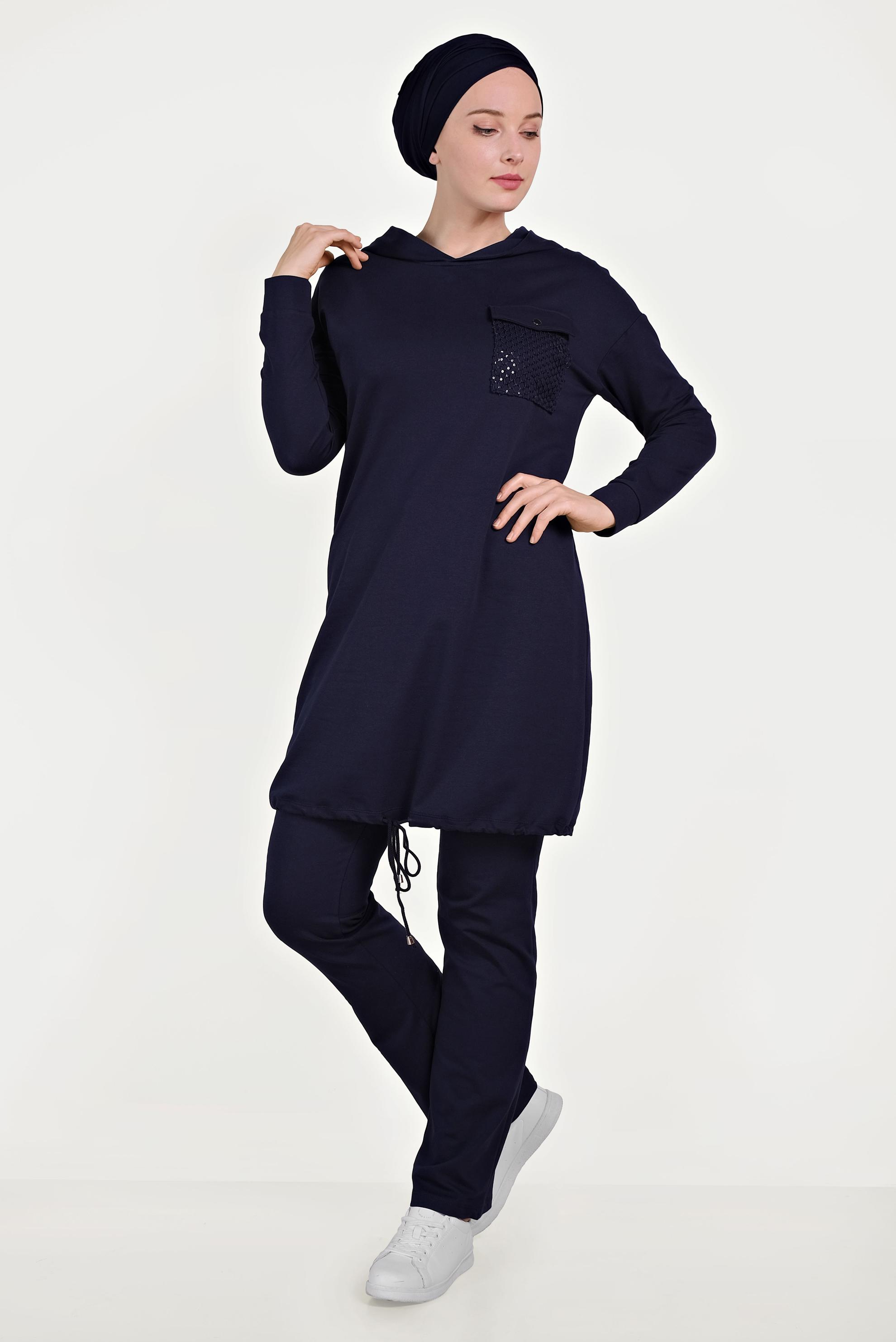 Tesettür giyim LACİVERT ETEK UCU BÜZGÜLÜ PAMUKLU EŞOFMAN TAKIMI 40478