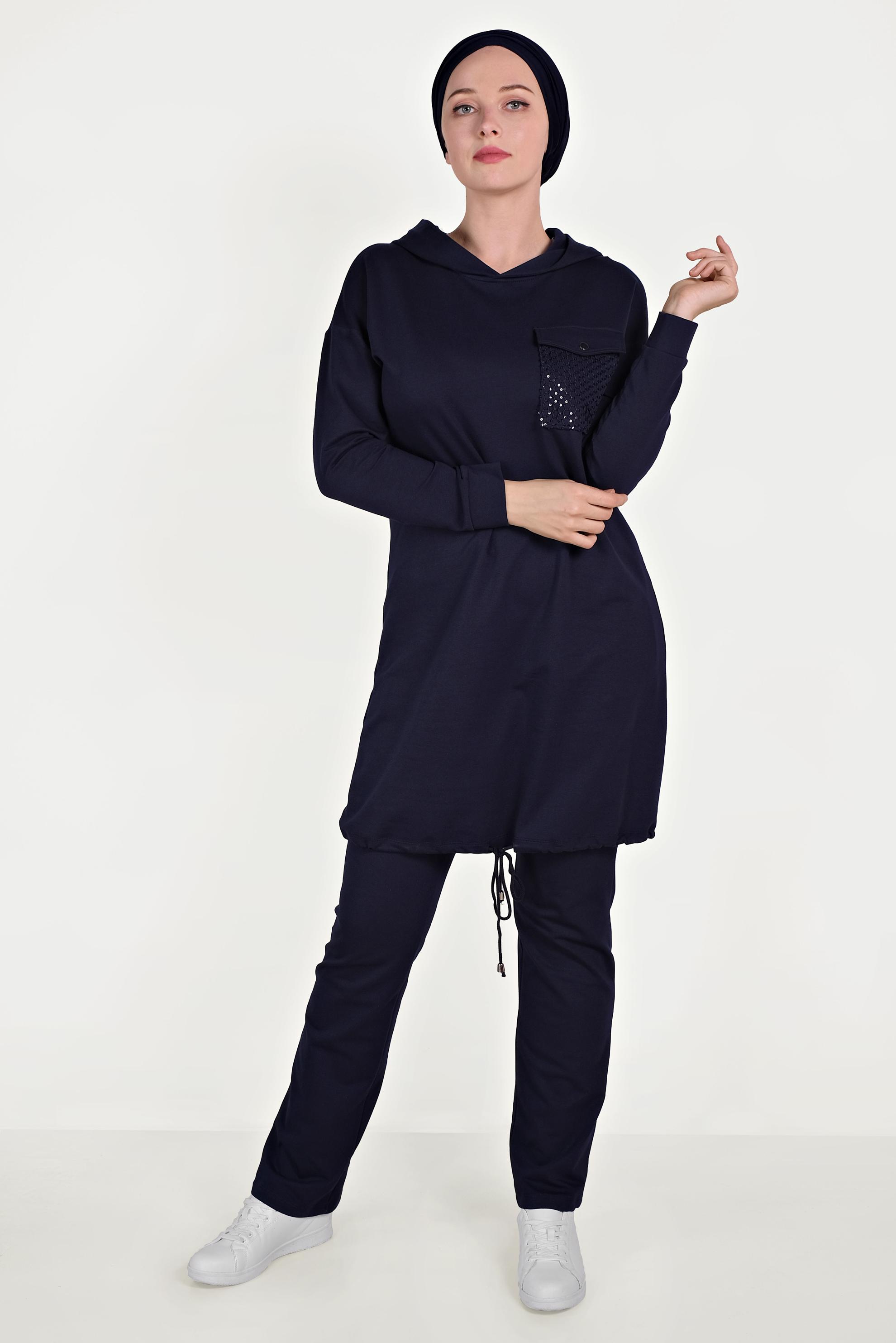 Tesettür giyim LACİVERT ETEK UCU BÜZGÜLÜ PAMUKLU EŞOFMAN TAKIMI 40478