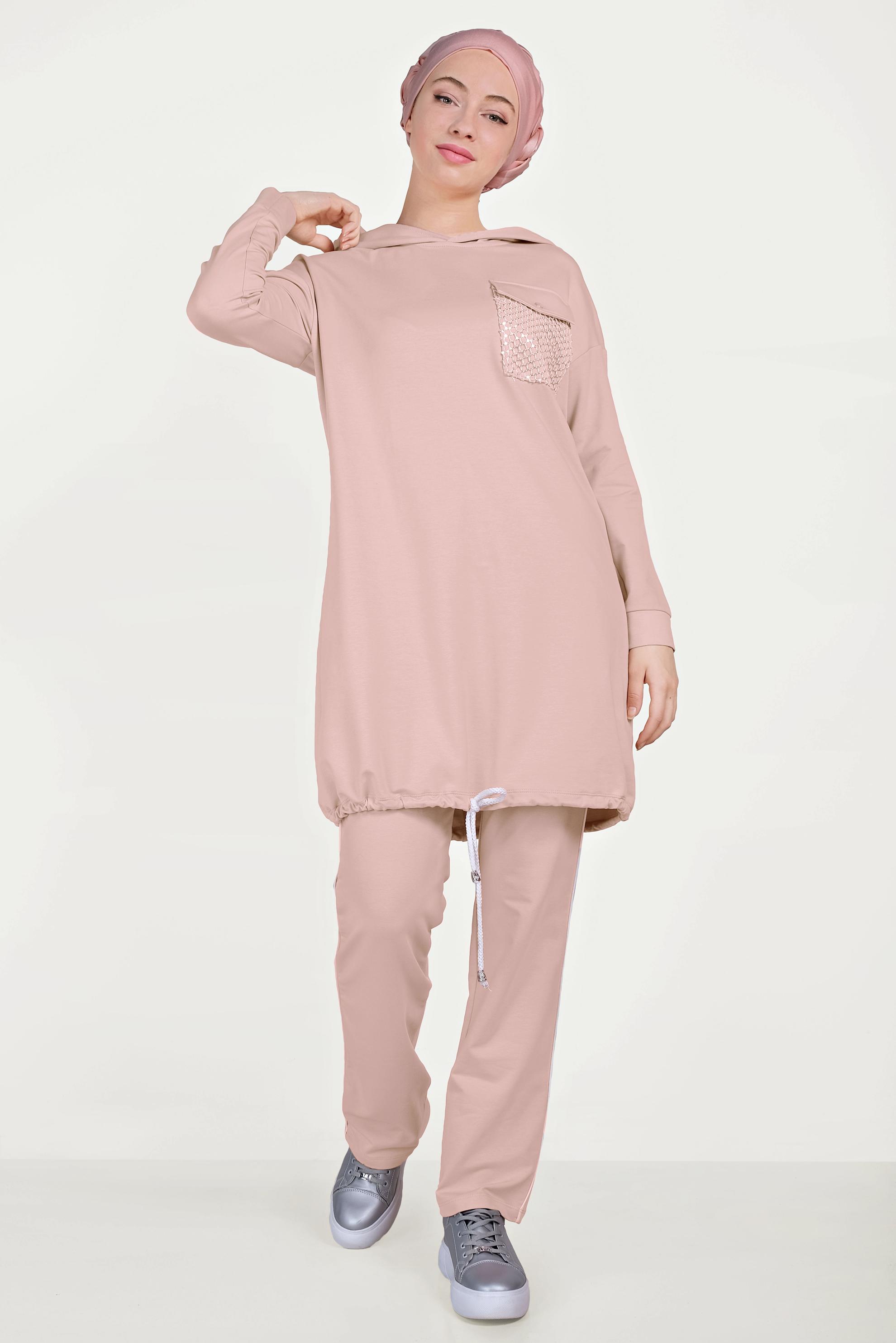 Tesettür giyim PUDRA ETEK UCU BÜZGÜLÜ PAMUKLU EŞOFMAN TAKIMI 40478
